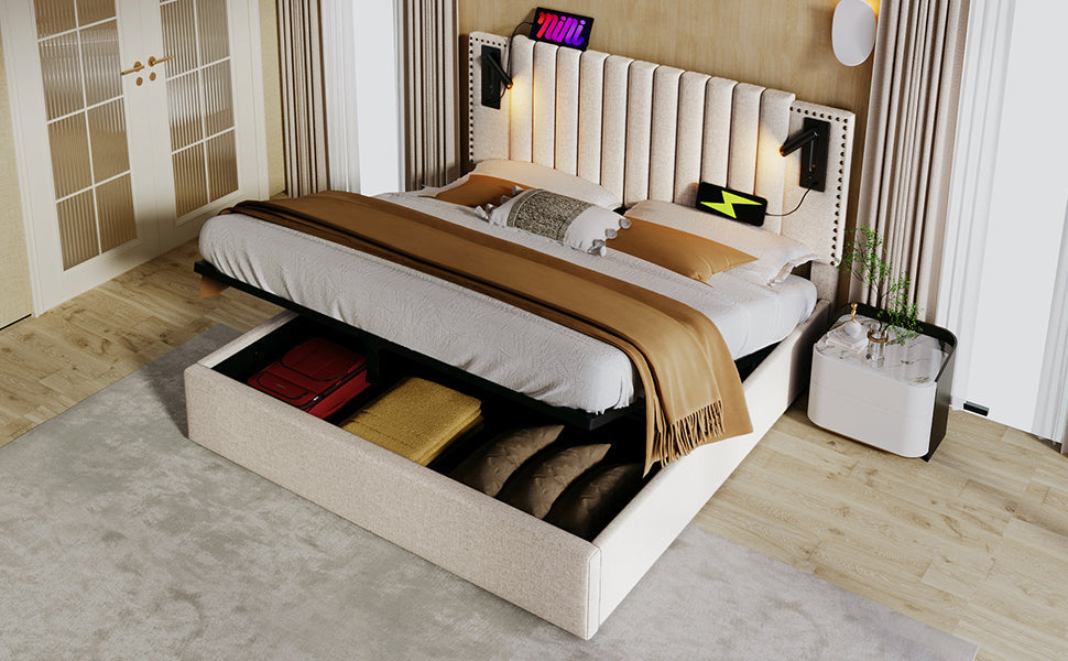 Logidon gestoffeerd bed 160x200 beige met opbergruimte en USB-leeslamp