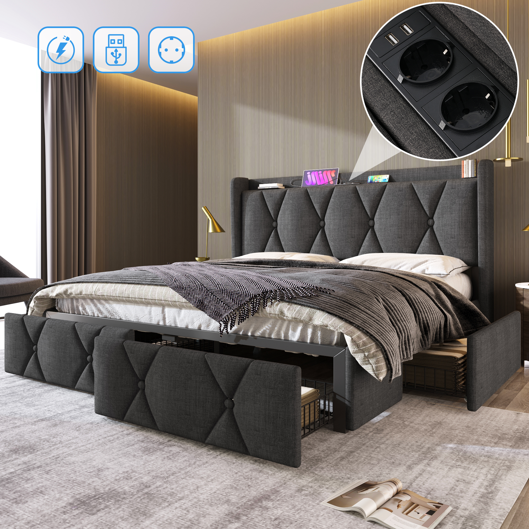 Logidon upholstered bed 140x200cm gray with USB charging function 4 drawers
