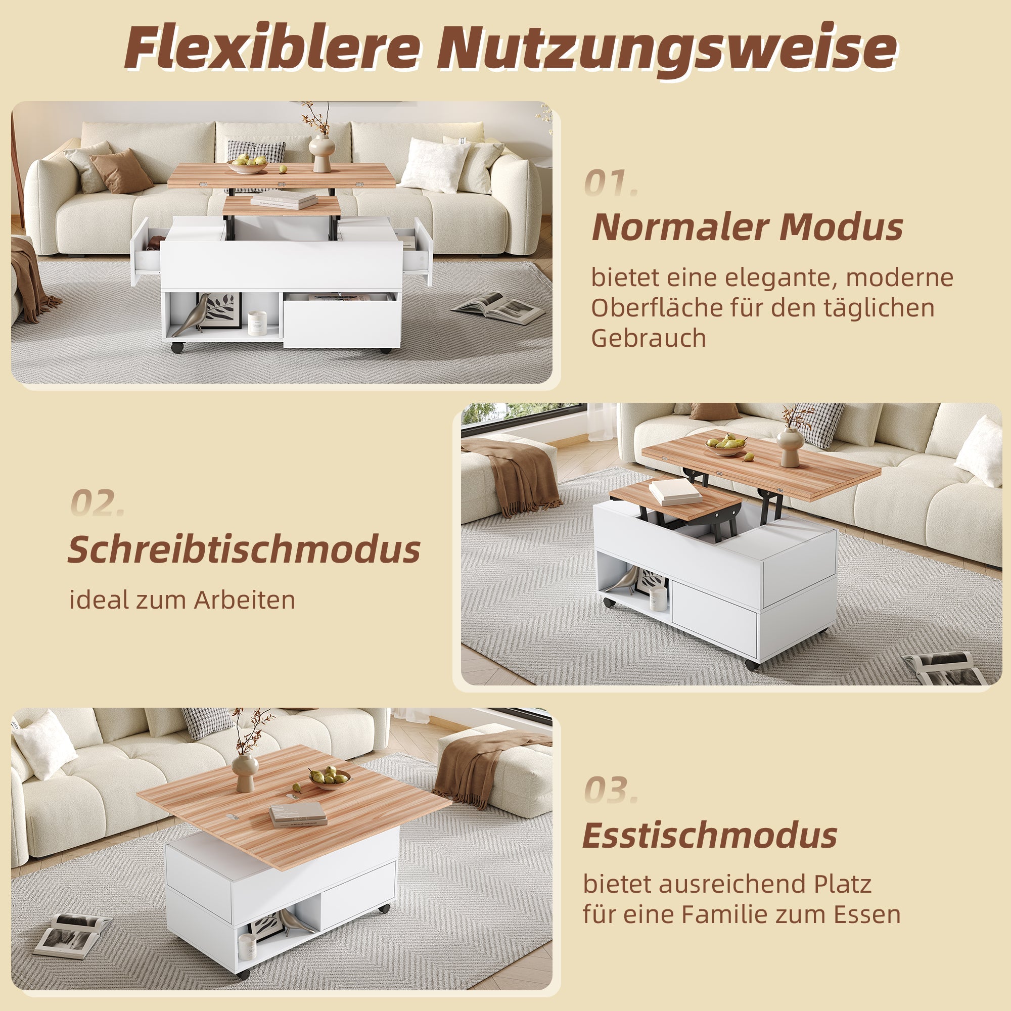 Logidon salontafel Lift Top 100x50 wit houtlook met 4 lades