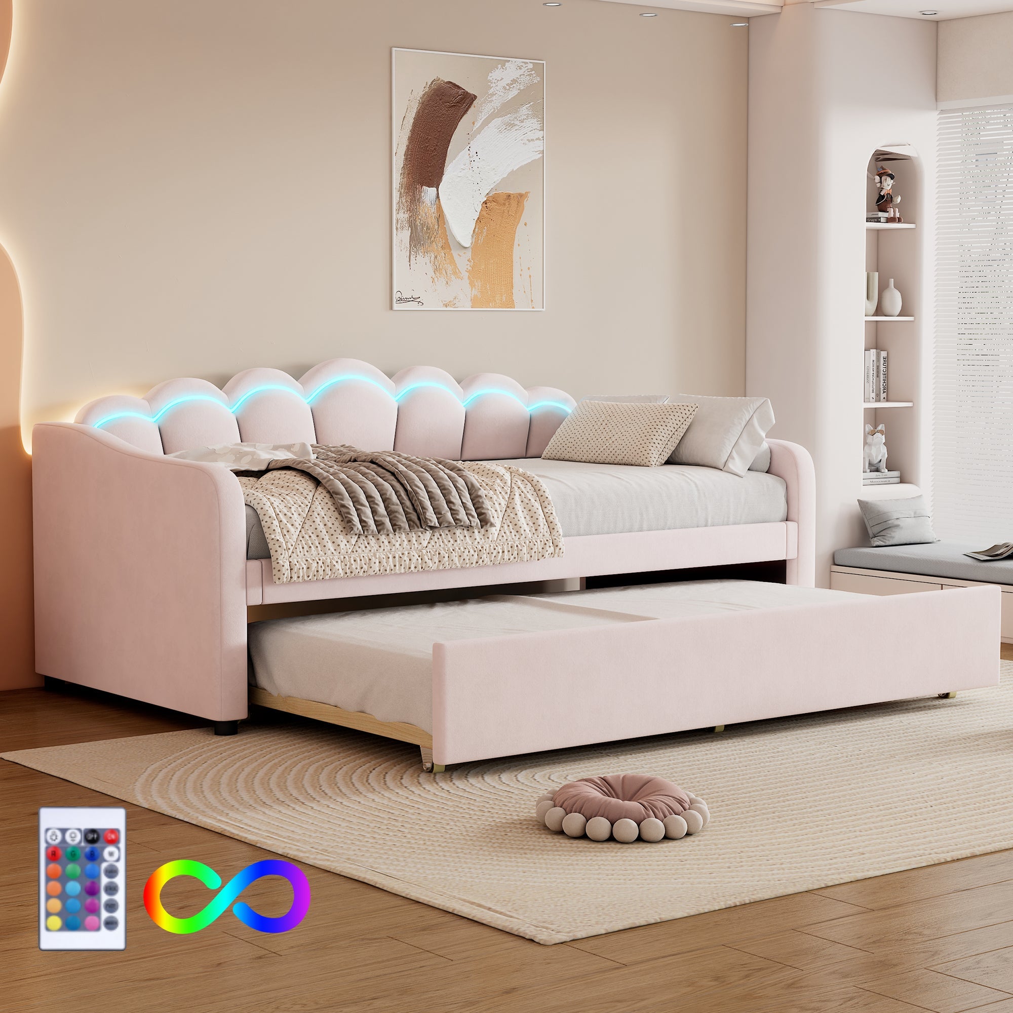 Logidon Daybed 90x200 cm daybed met uitschuifbaar bed roze fluweel