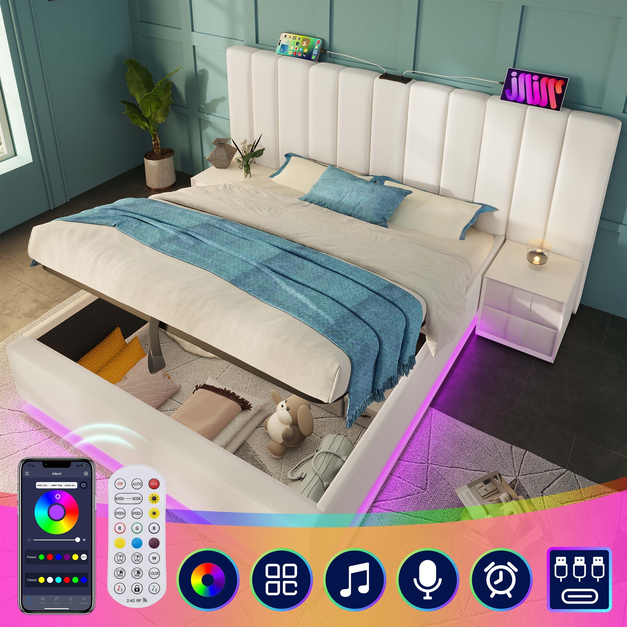 Logidon gestoffeerd bed 180x200 wit met opbergruimte LED app-bedieningsmatras