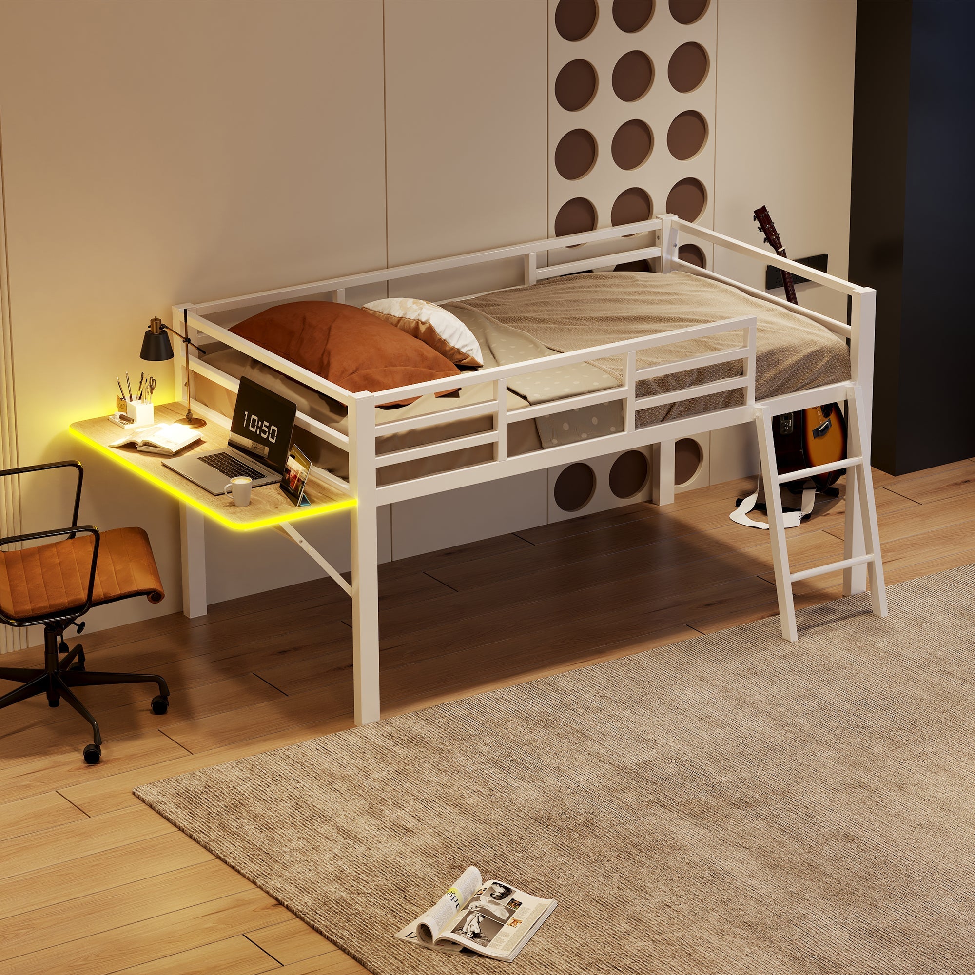 Logidon flat bed 90 x 200 cm metal bed white with railing ladder LED