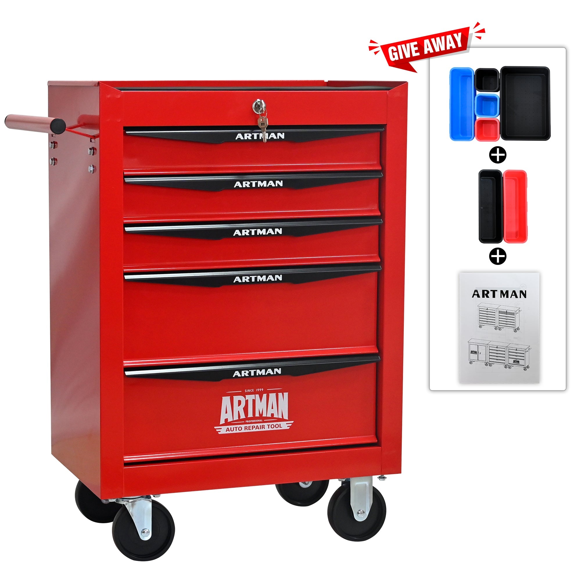 Logidon stalen gereedschapskist met 5 lades rood zwart 52x33x66 cm