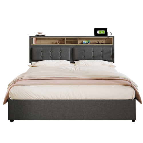 Logidon upholstered bed 140x200 cm with USB C charging station and 4 drawers