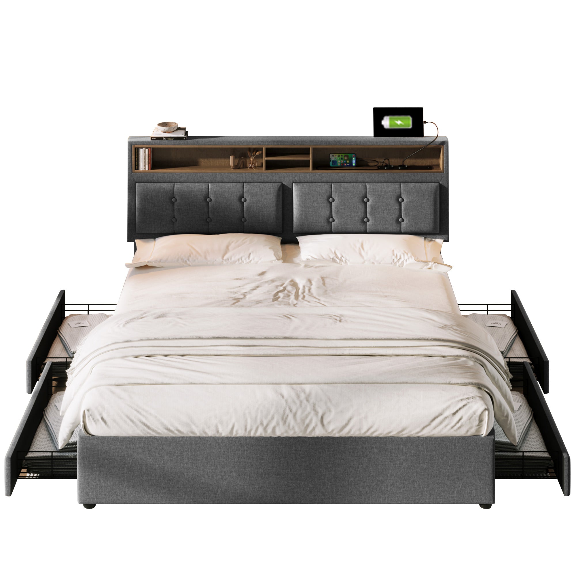 Logidon gestoffeerd bed 140x200 cm met USB C laadstation en 4 lades