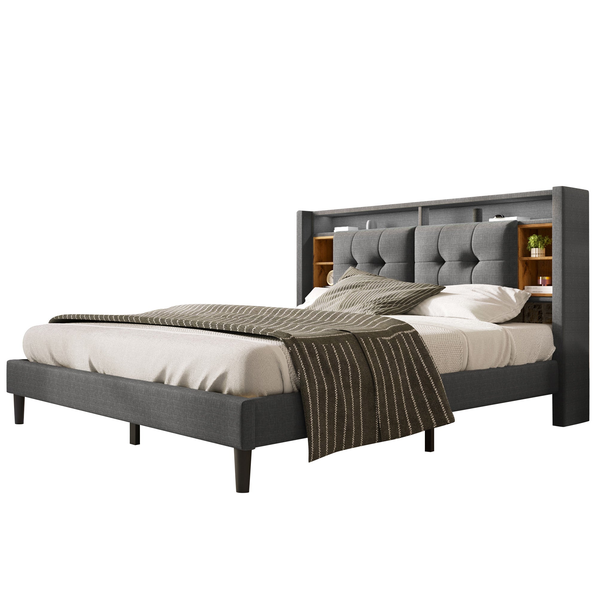 Logidon gestoffeerd bed tweepersoonsbed opbergruimte hoofdbord USB LED grijs 140x200