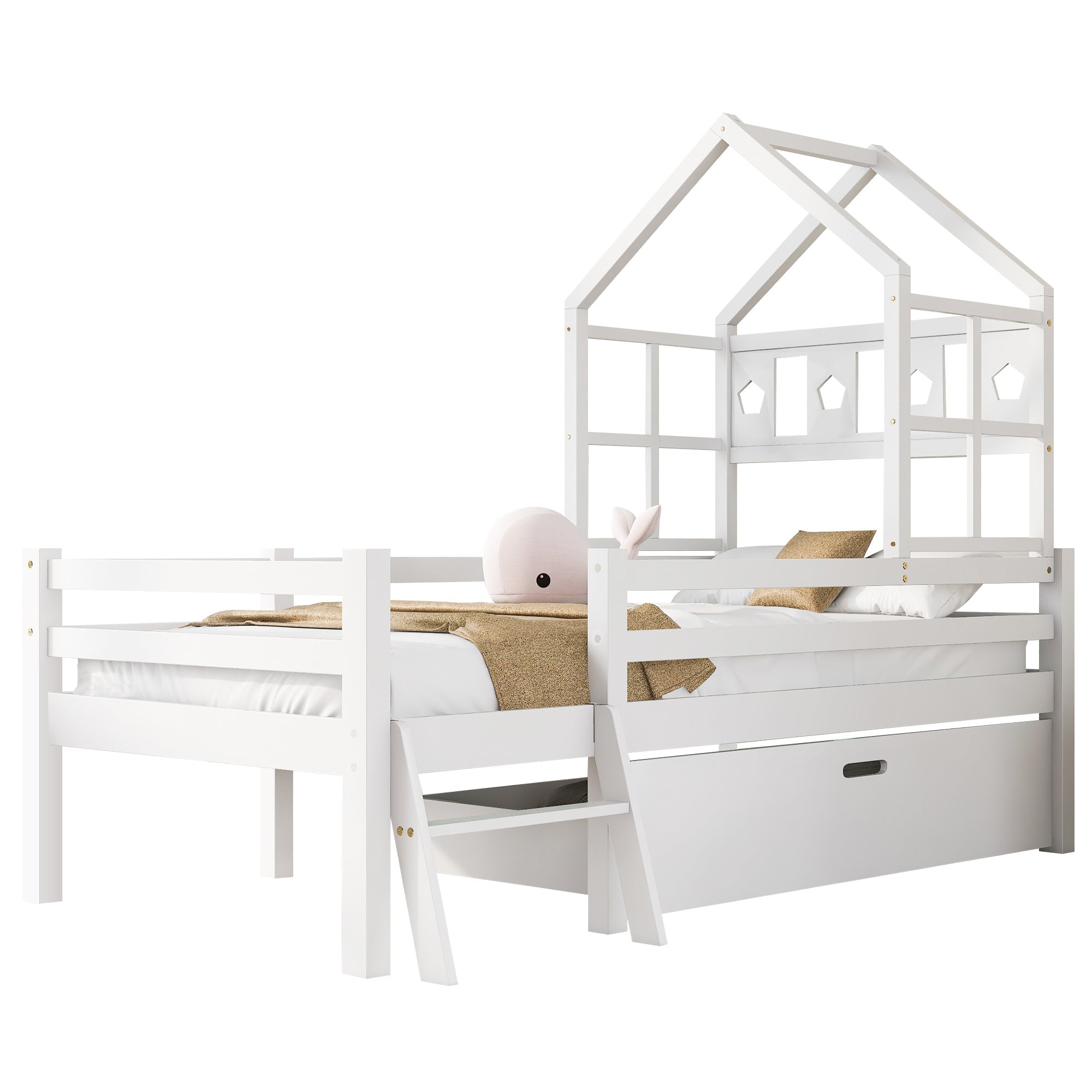 Logidon House Bed Kinderbed met ladder en lades 90x200 wit