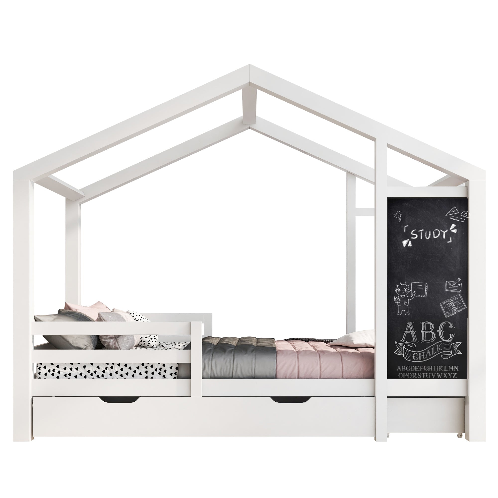 Logidon kinderbed huisbed 90x200 cm wit met plank en 2 lades