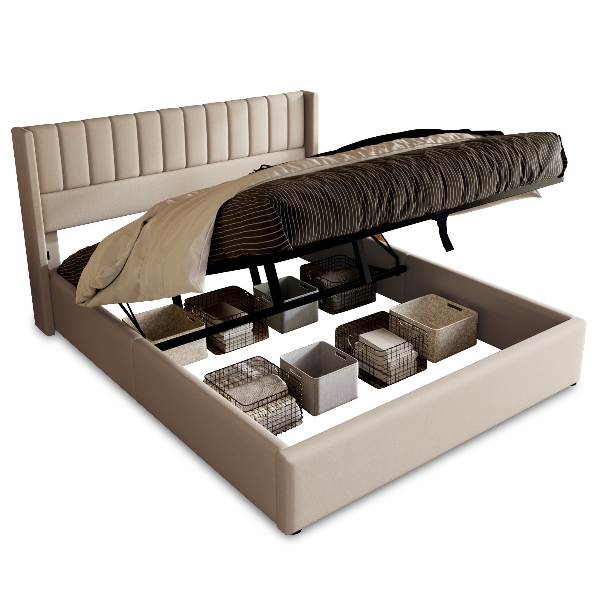 Logidon opbergbed gestoffeerd bed hydraulisch 180x200 cm beige linnen