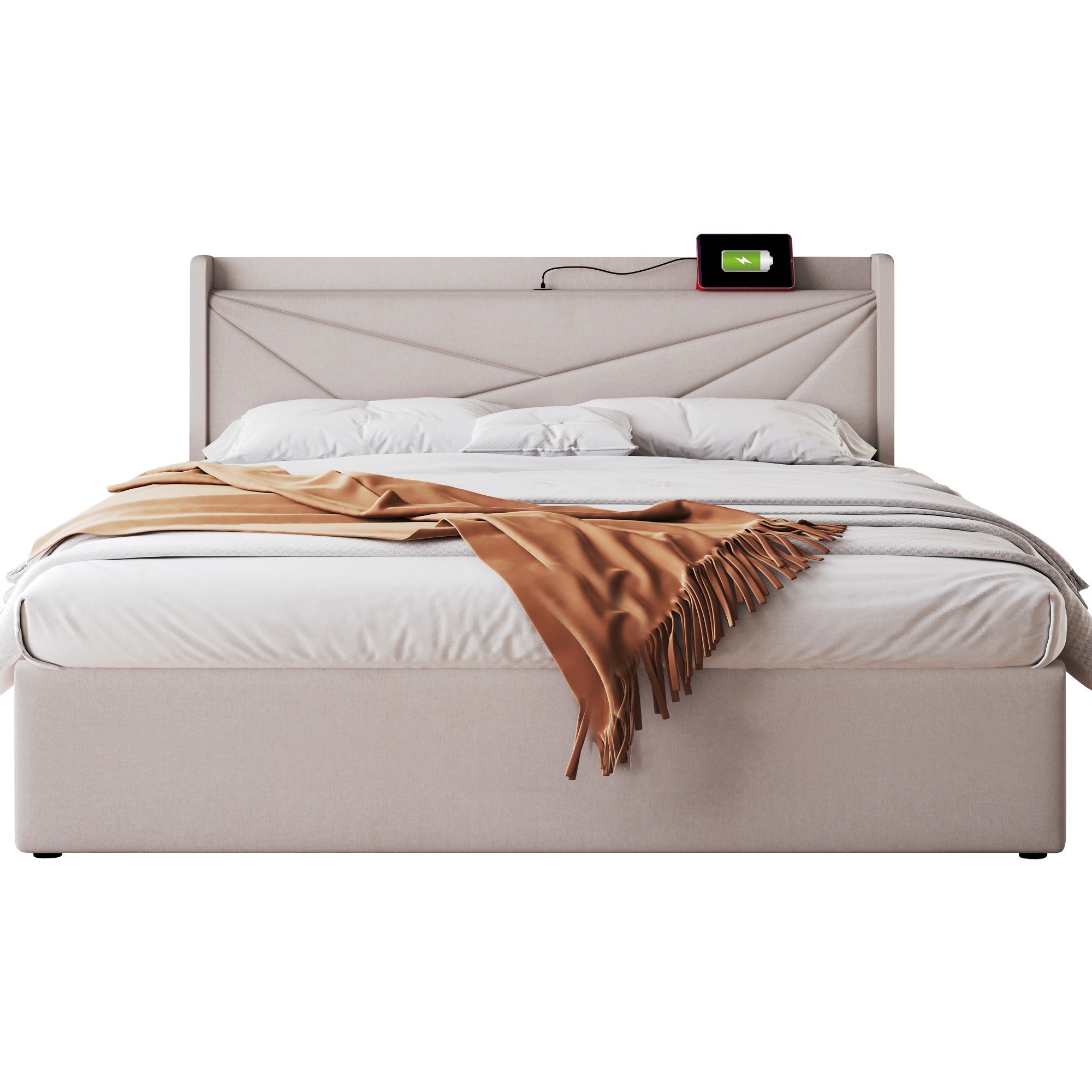 Logidon gestoffeerd bed 160x200 beige met USB Type C oplaadfunctie opbergruimte