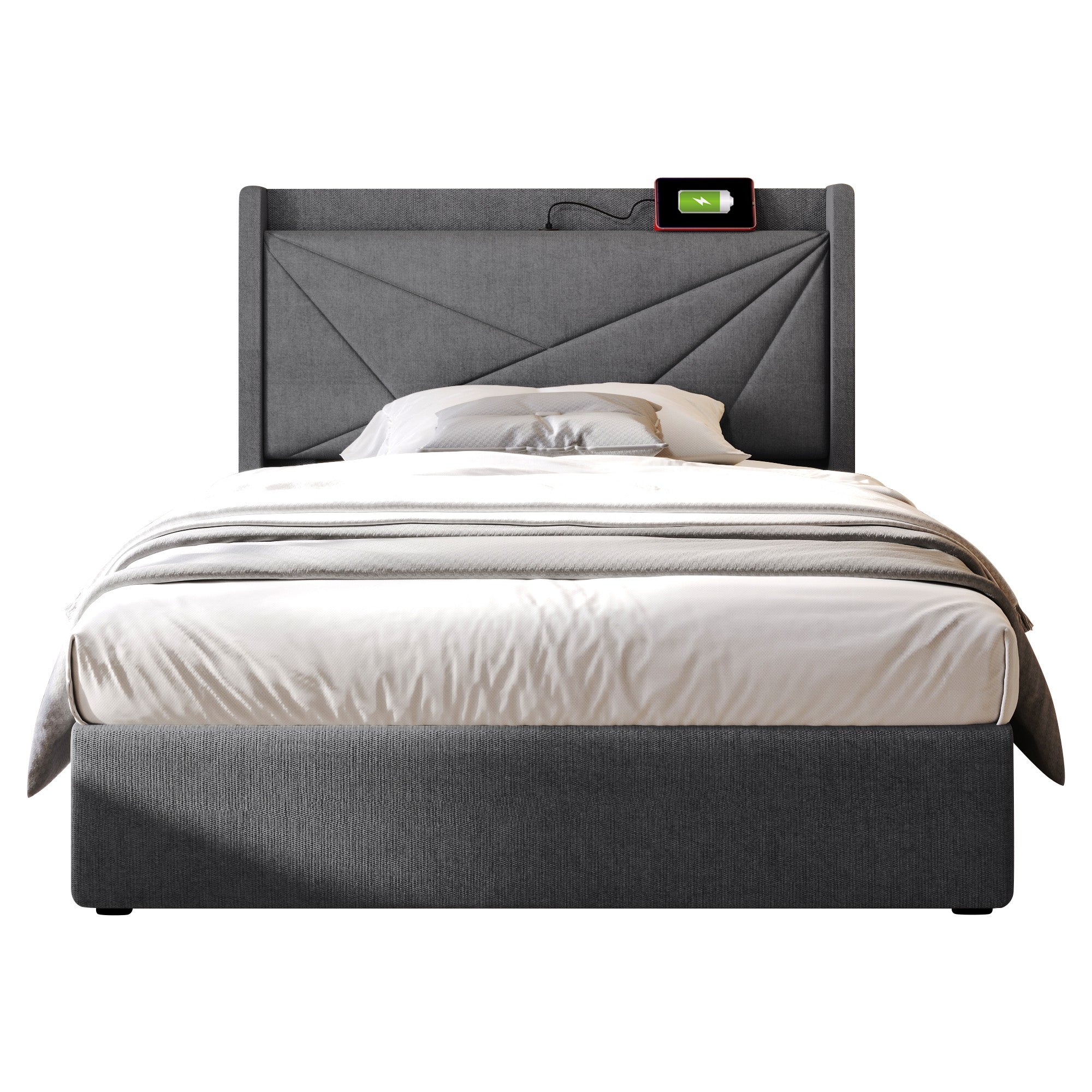 Logidon upholstered bed 90x200 storage space USB Type C charging function gray linen