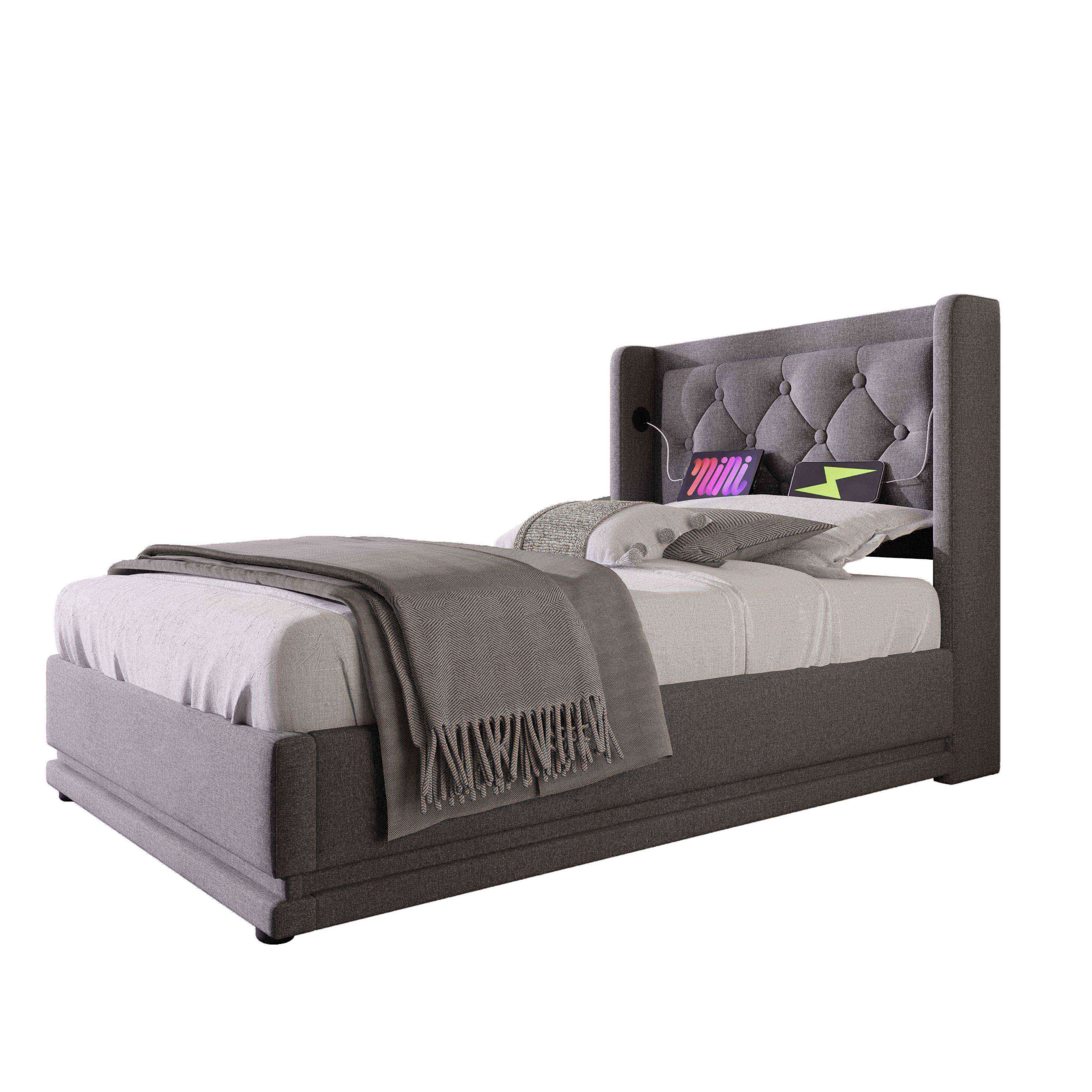 Logidon gestoffeerd bed 90x200 cm grijs met opbergruimte USB C oplaadfunctie LED