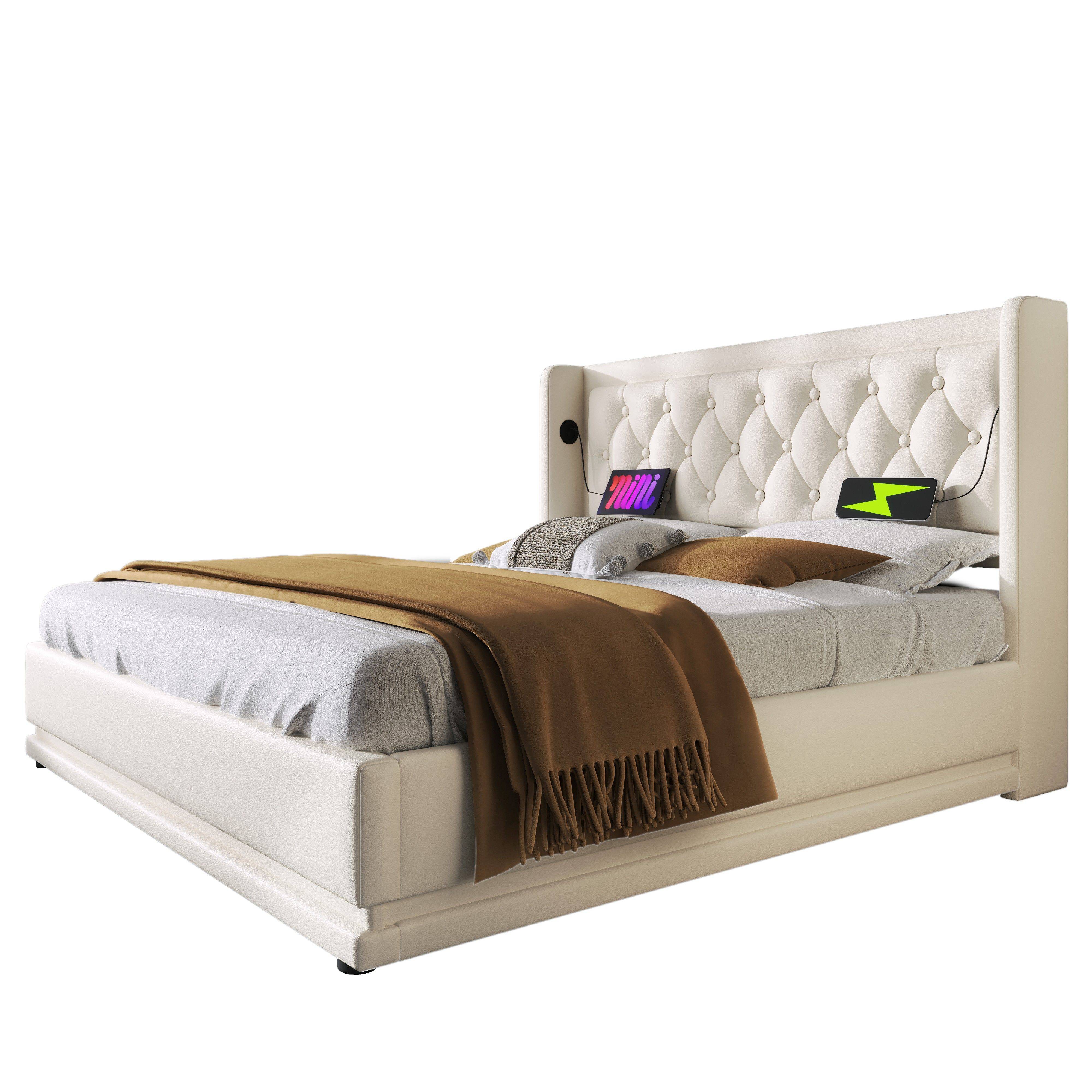 Logidon upholstered bed 160x200 cm white PU with USB C charging function storage space