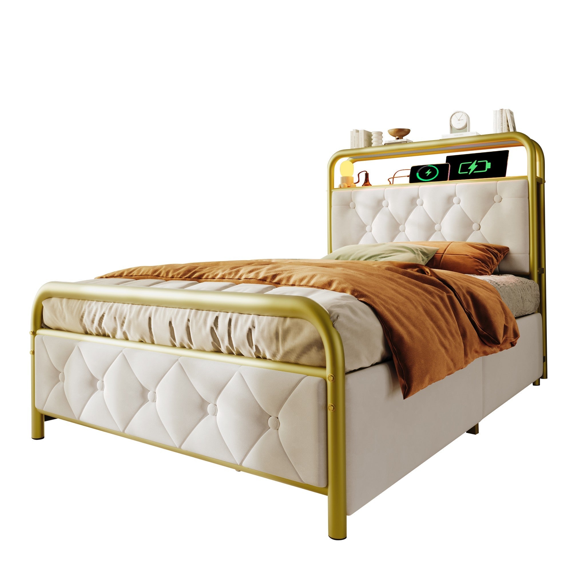 Logidon upholstered bed 90x200 USB C charging function LED white velvet drawers