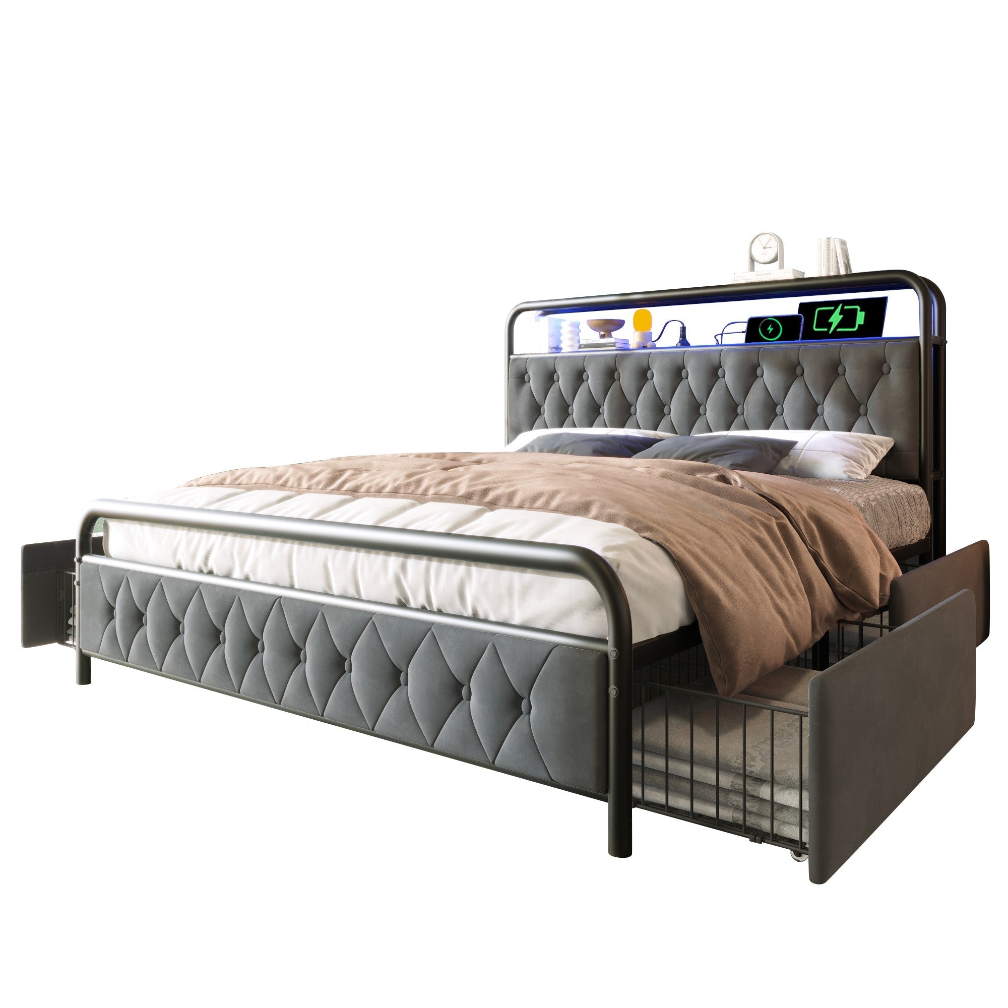 Logidon gestoffeerd bed 140x200 fluweelgrijs met USB C oplaadfunctie APP LED