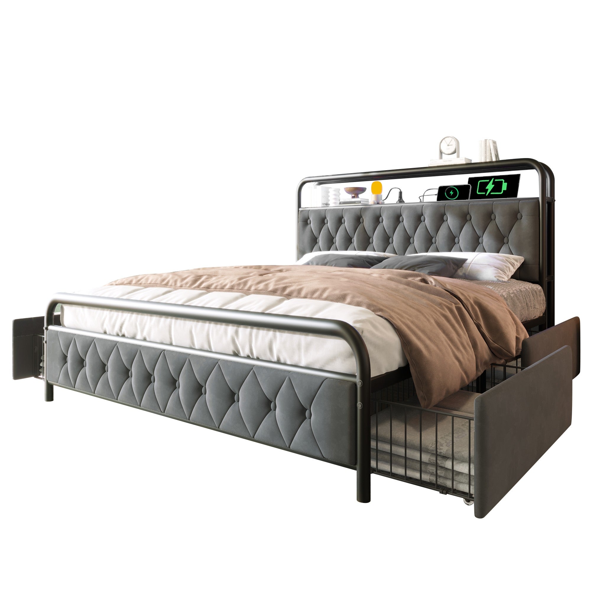 Logidon gestoffeerd bed tweepersoonsbed 160x200 fluweelgrijs USB-C oplaadfunctie LED
