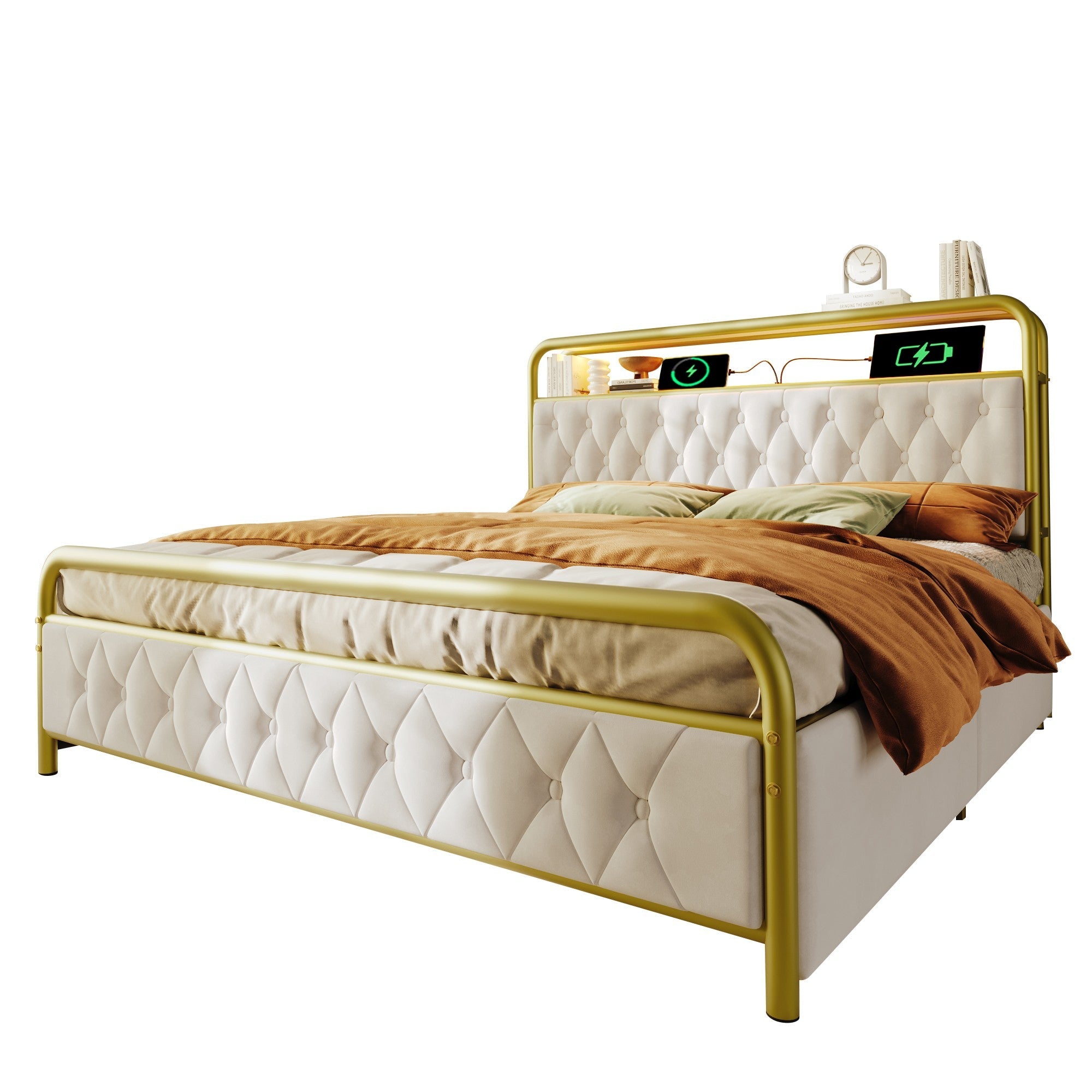 Logidon gestoffeerd bed 160x200 wit fluweel USB C oplaadfunctie LED