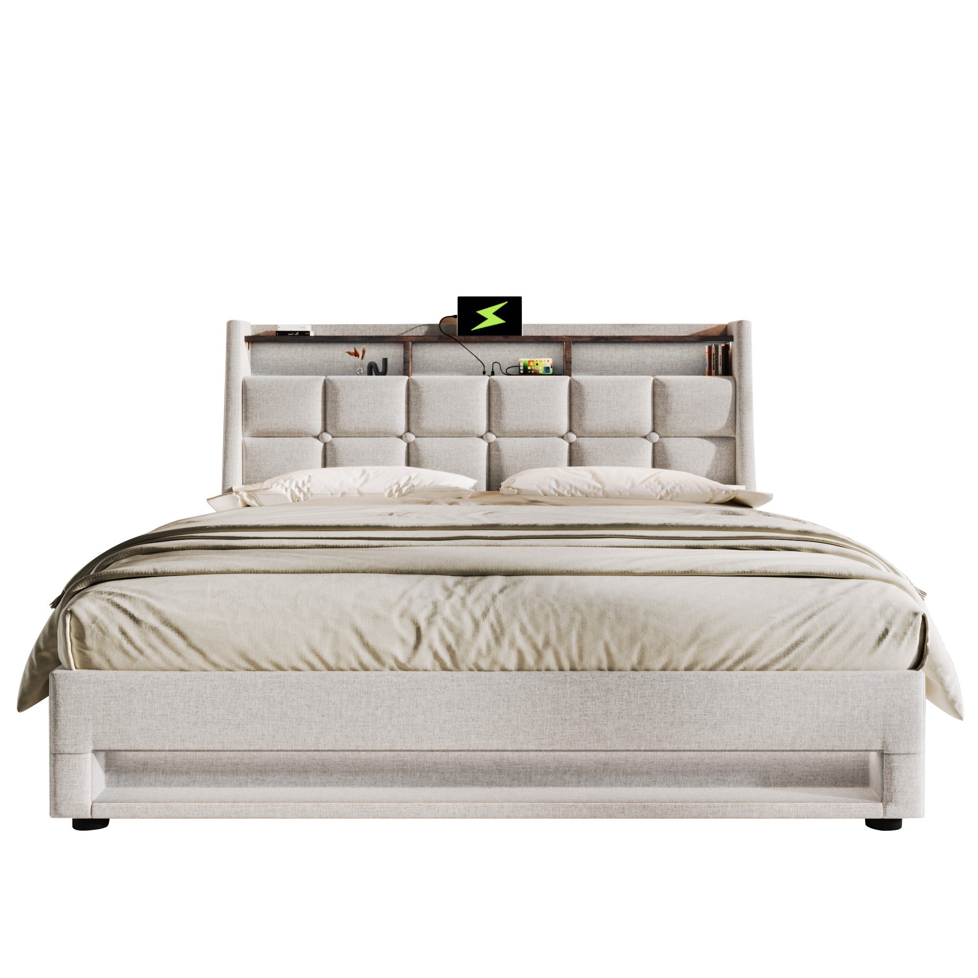 Logidon gestoffeerd bed 180x200 beige met USB en LED hoofdbord