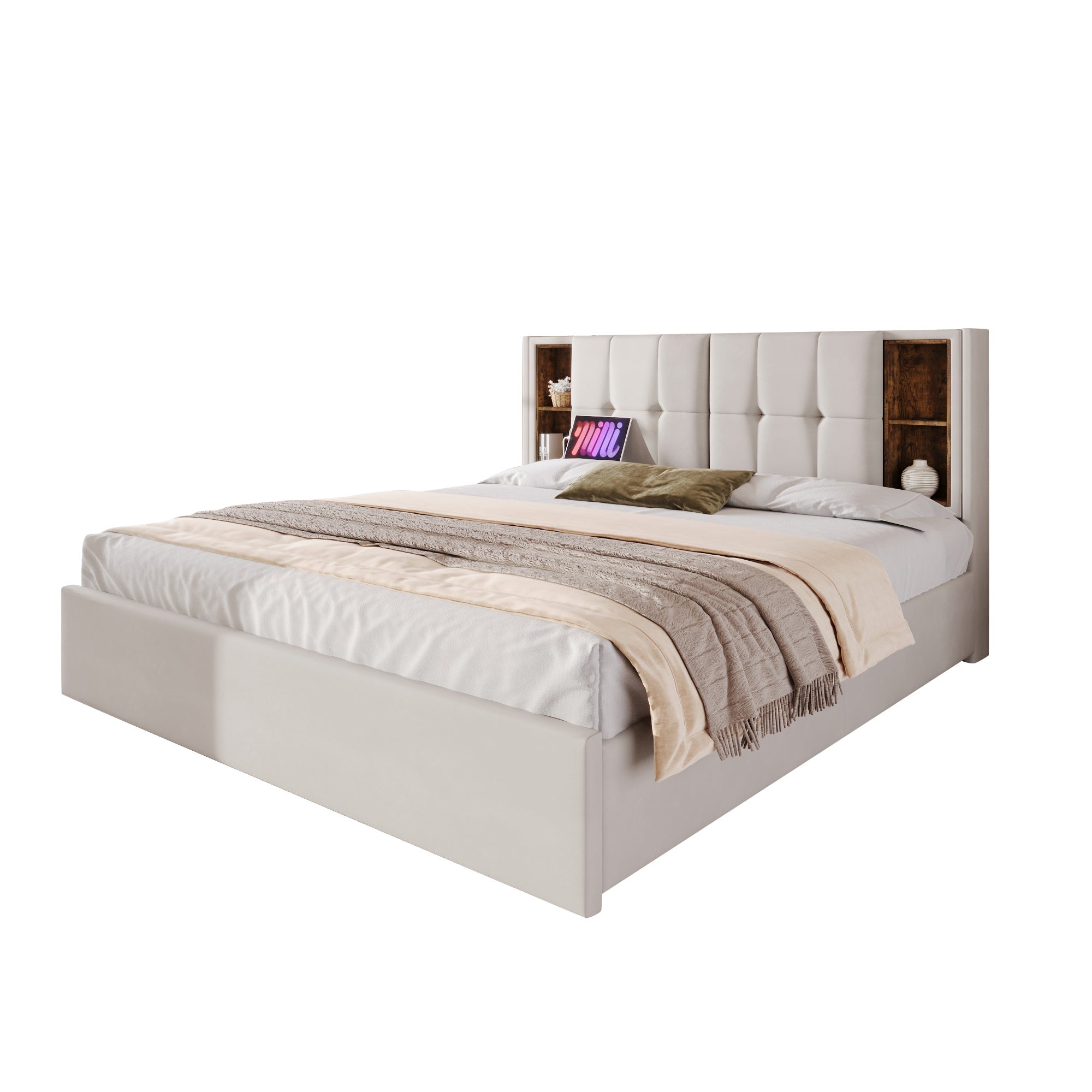 Logidon tweepersoonsbed met draadloos opladen USB C en 4 lades beige