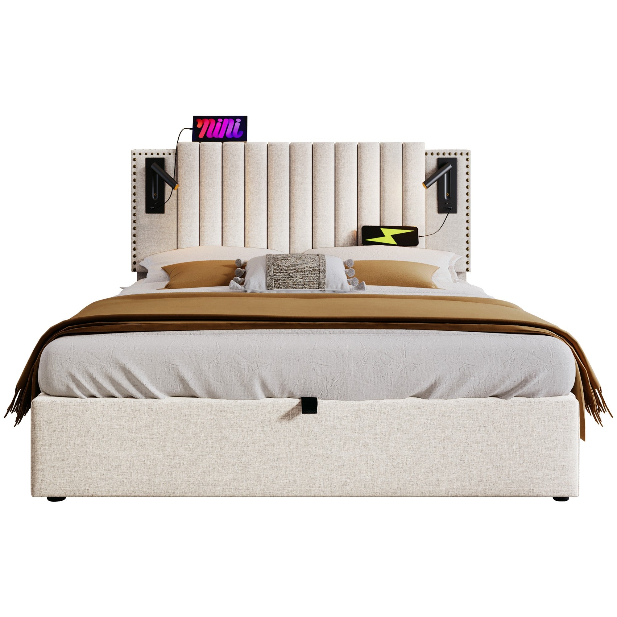 Logidon gestoffeerd bed 160x200 beige met opbergruimte en USB-leeslamp