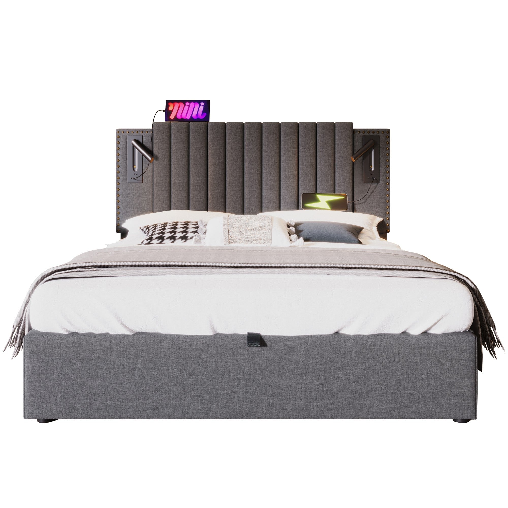 Logidon gestoffeerd bed 160x200 met opbergruimte en USB-leesapparaat lichtgrijs