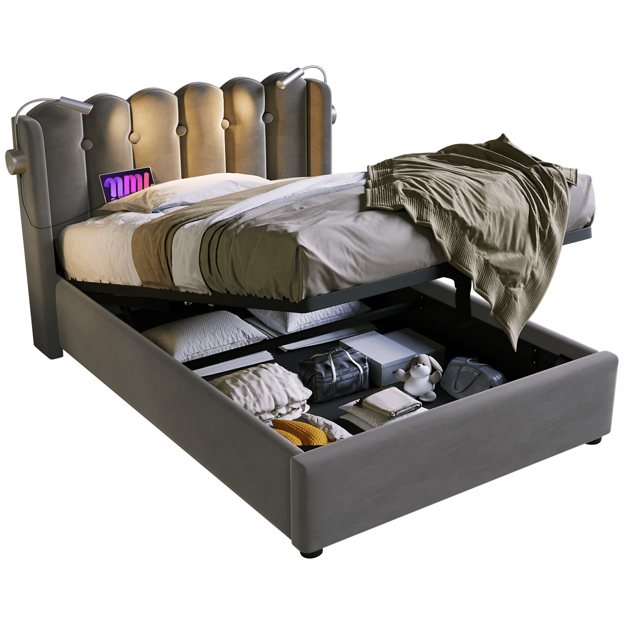 Logidon gestoffeerd bed 90x200 fluweelgrijs met leeslamp oplaadfunctie