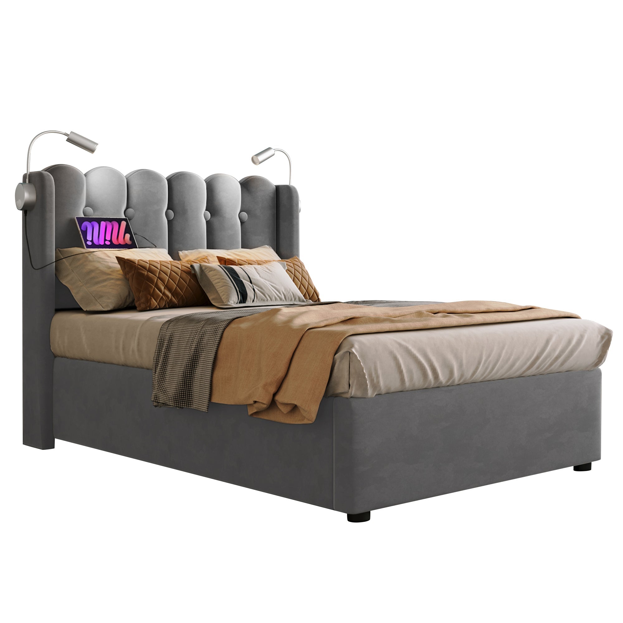 Logidon gestoffeerd bed 90x200 fluweelgrijs met leeslamp oplaadfunctie