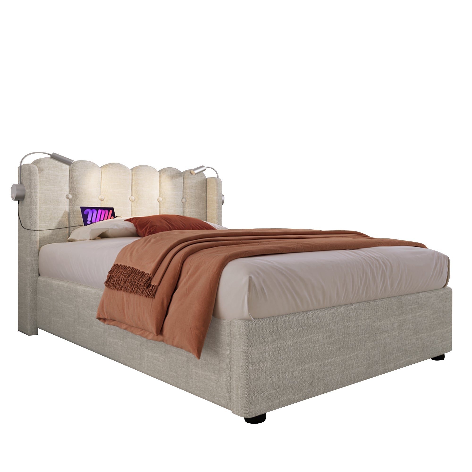 Logidon gestoffeerd bed 90x200 naturel fluweel met leeslampje en USB