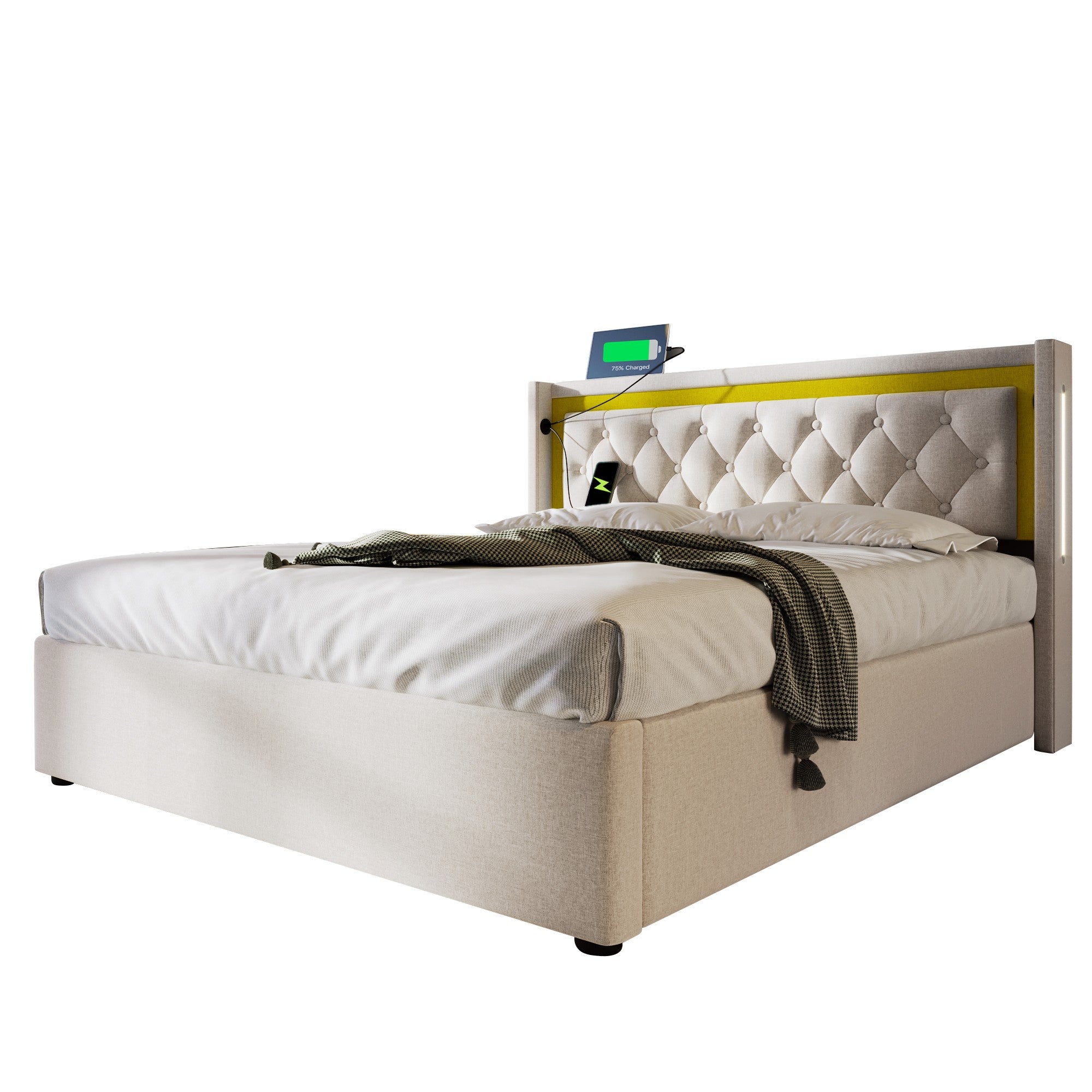 Logidon gestoffeerd bed 140x200 Beige Velvet LED opbergruimte USB-C