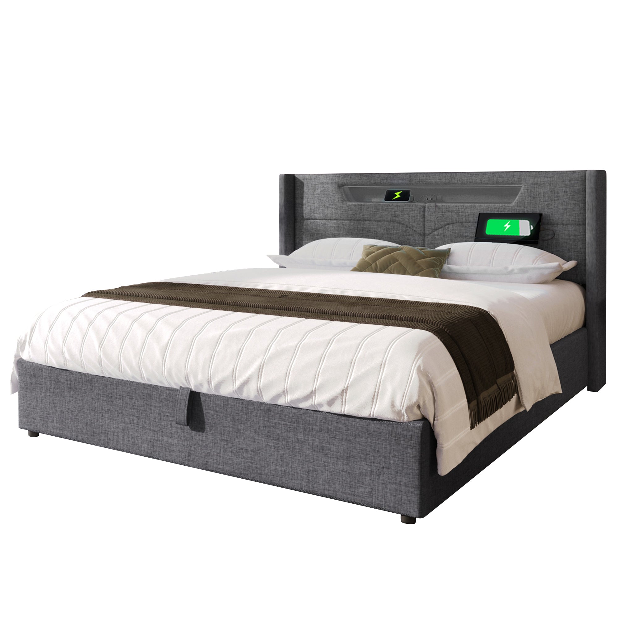 Logidon upholstered bed LED double bed 140x200 gray USB C charging function