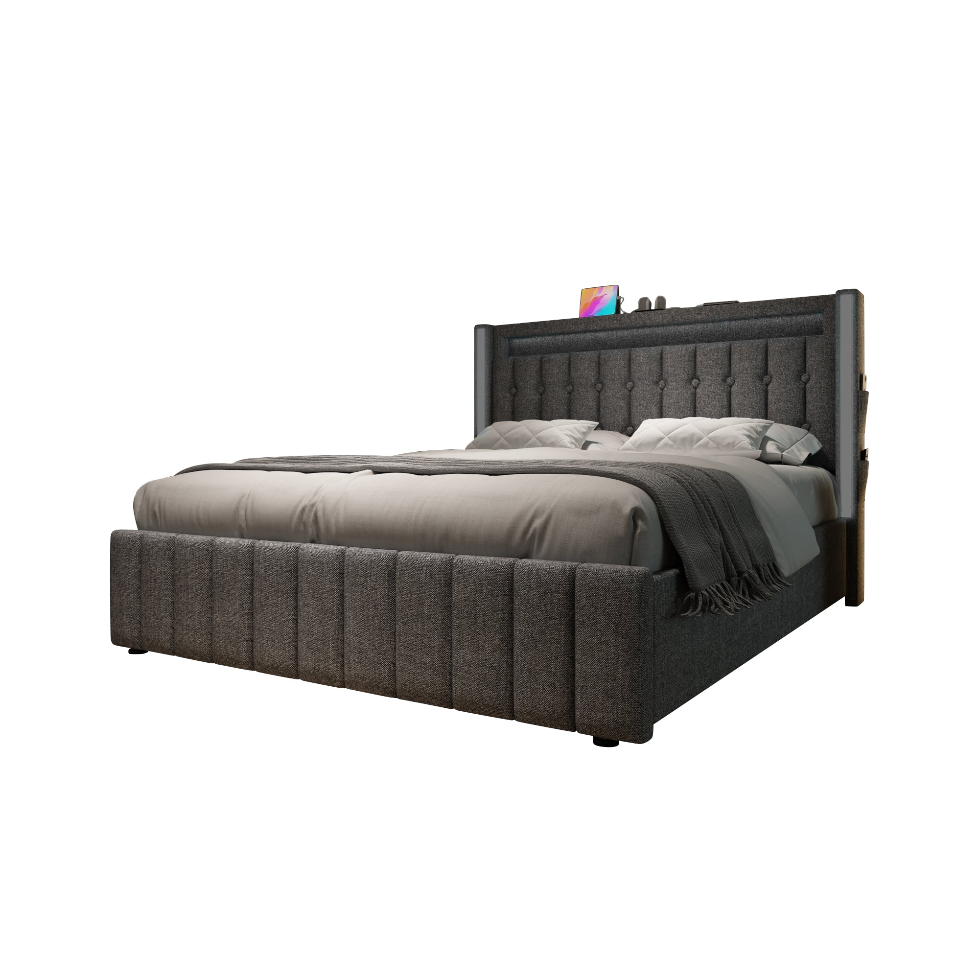 Logidon upholstered bed 140x200 gray USB Type C charging function 4 drawers