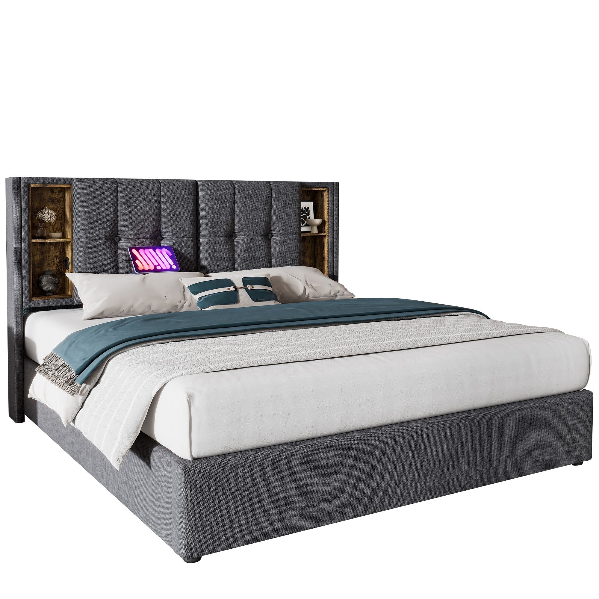 Logidon double bed 160x200 cm wireless charging USB C upholstered bed gray