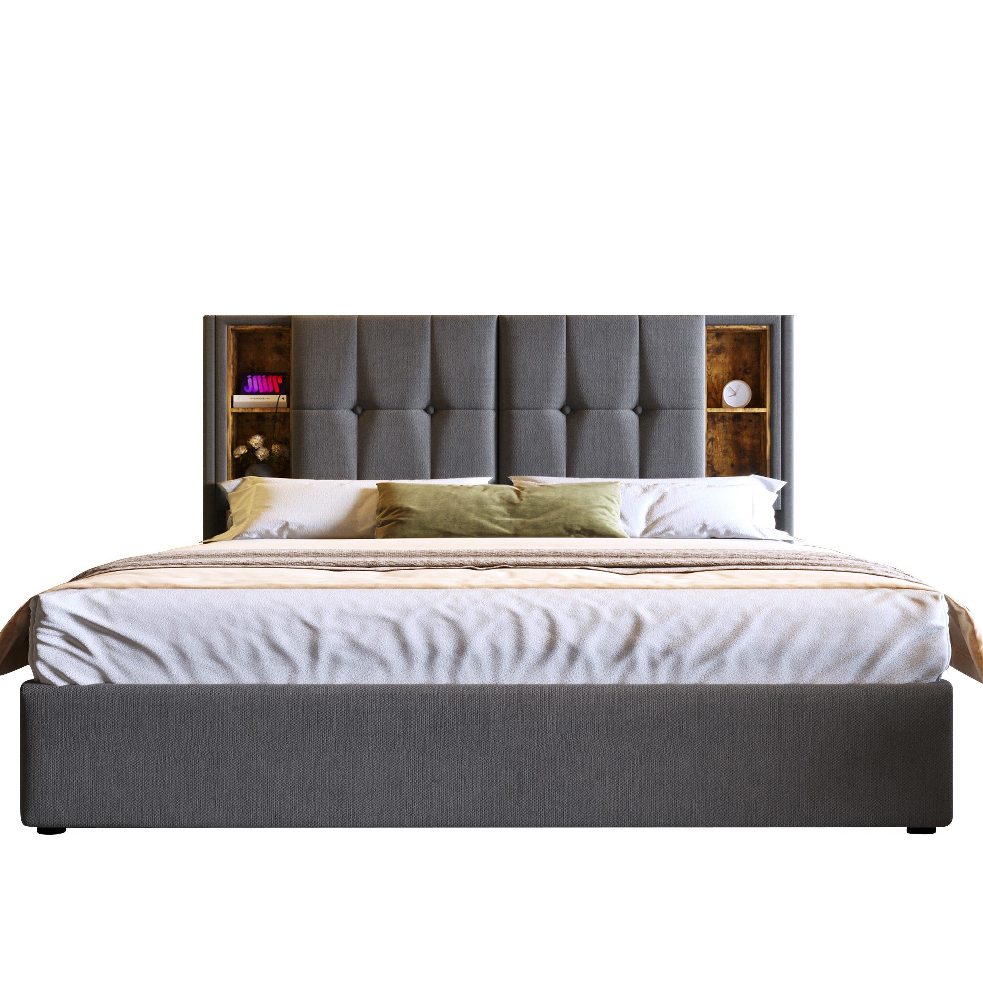 Logidon tweepersoonsbed 160x200 cm draadloos opladen USB C gestoffeerd bed grijs