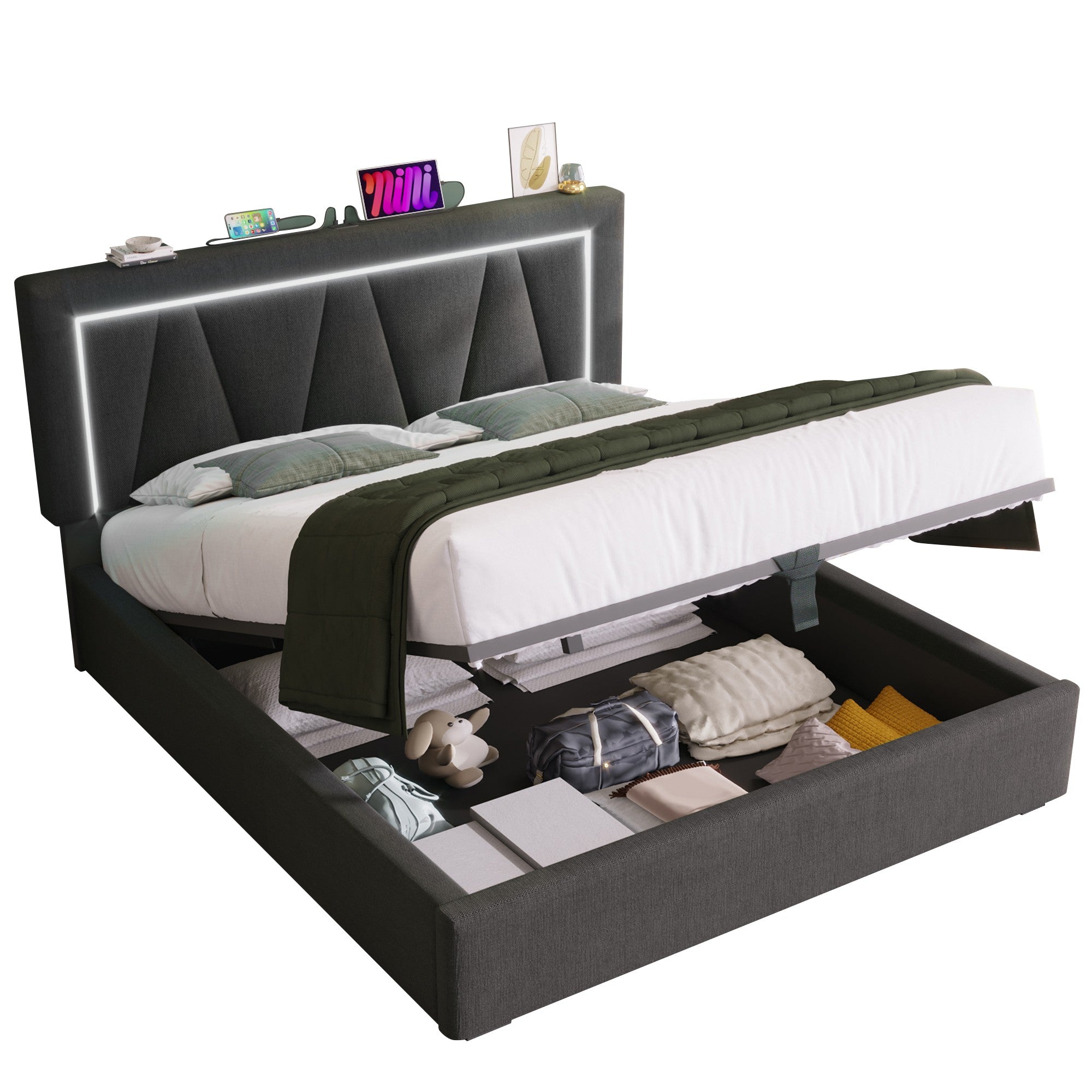 Logidon gestoffeerd bed 160x200 LED-verlichting USB C oplaadfunctie