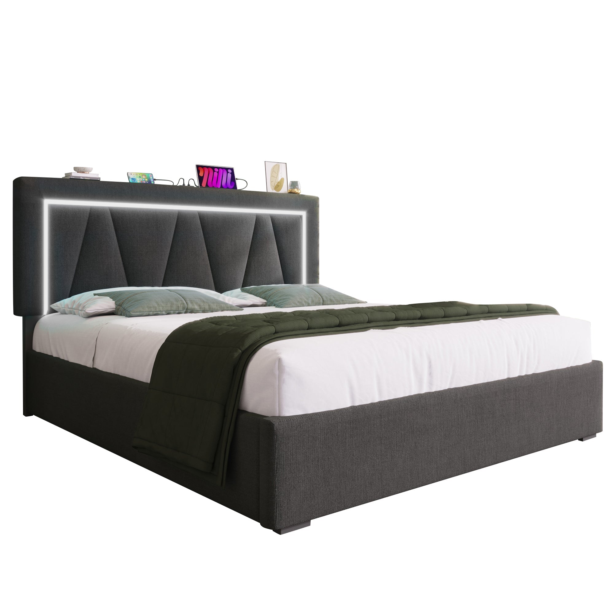 Logidon gestoffeerd bed 160x200 LED-verlichting USB C oplaadfunctie