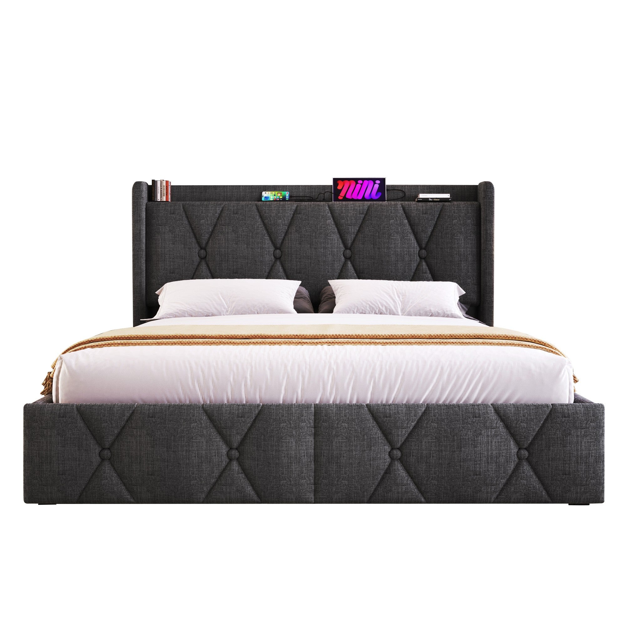 Logidon gestoffeerd bed 140x200 grijs met USB oplaadfunctie en 4 lades