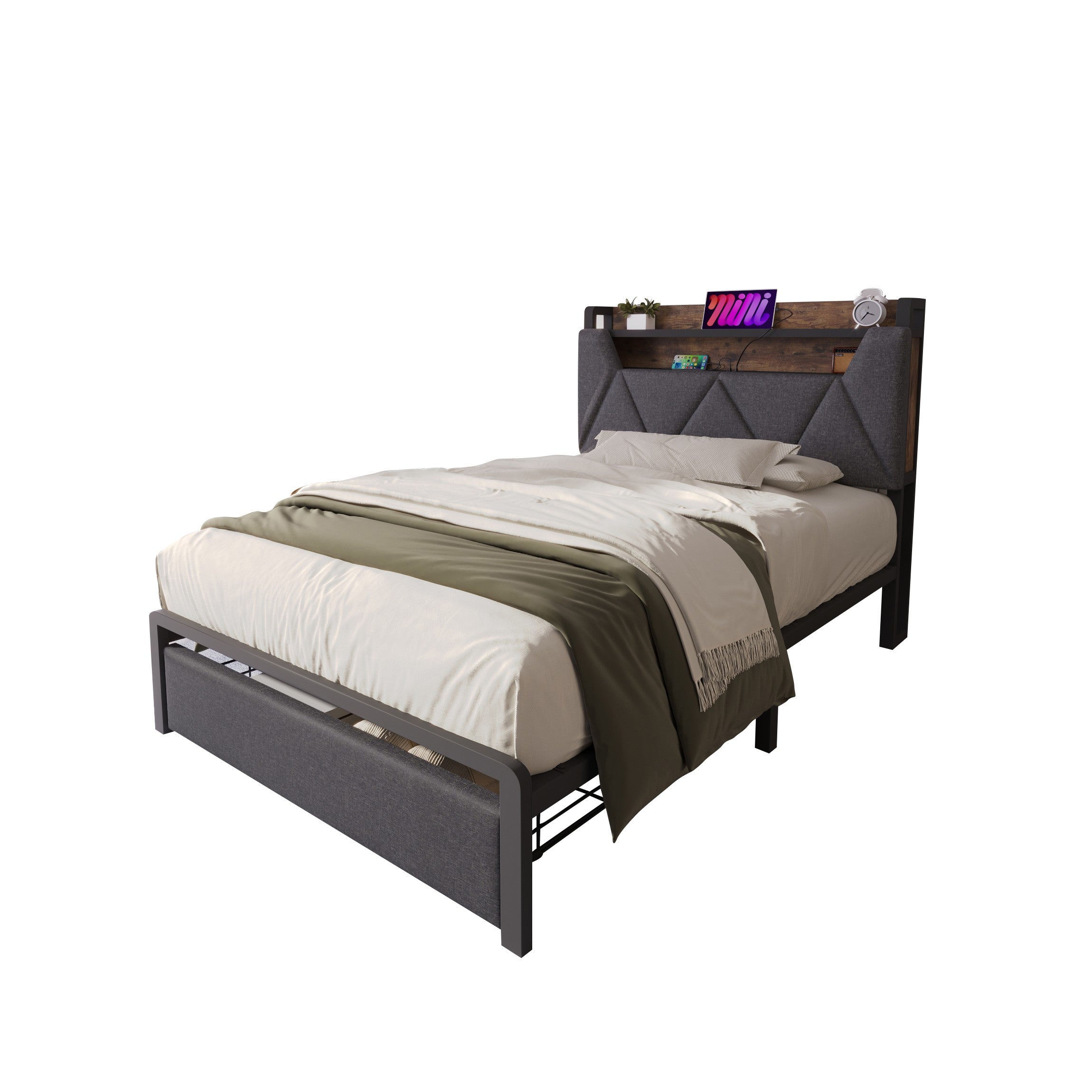 Logidon upholstered bed 90x200 USB Type C charging function storage space headboard