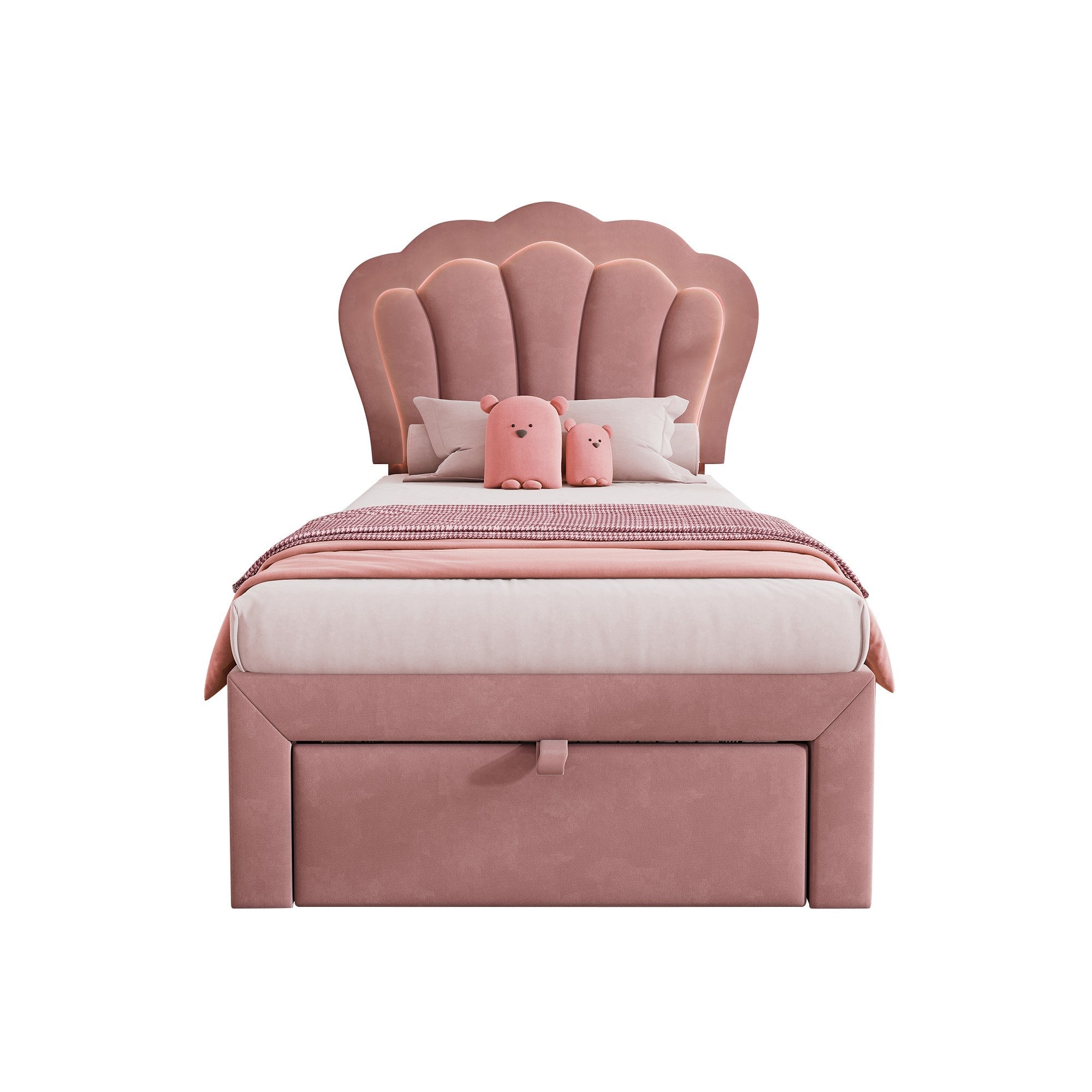 Logidon kinderbed LED 90x190 roze fluweel gestoffeerd bed met lades