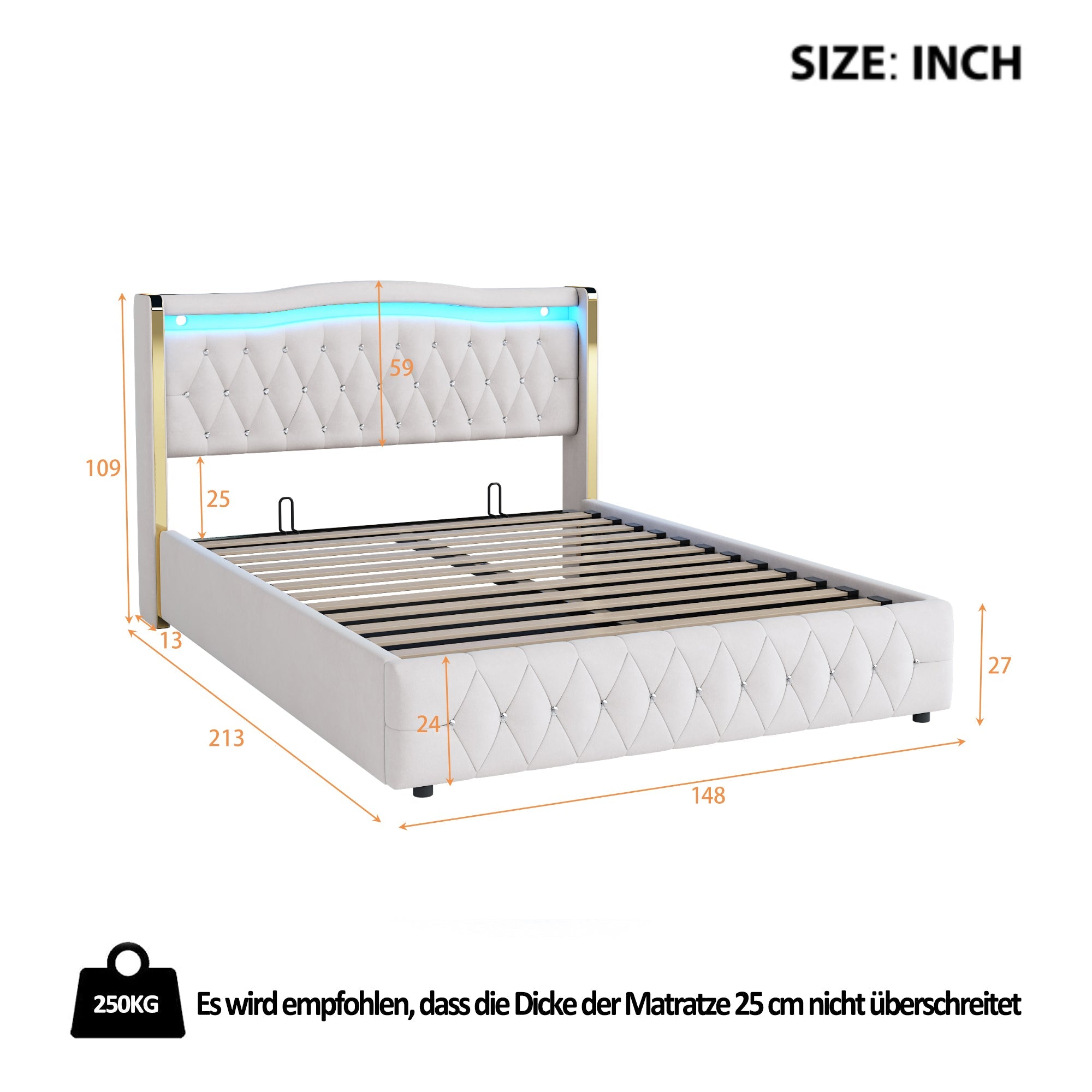 Logidon gestoffeerd bed 140x200 beige fluweel LED-verlichting hydraulisch