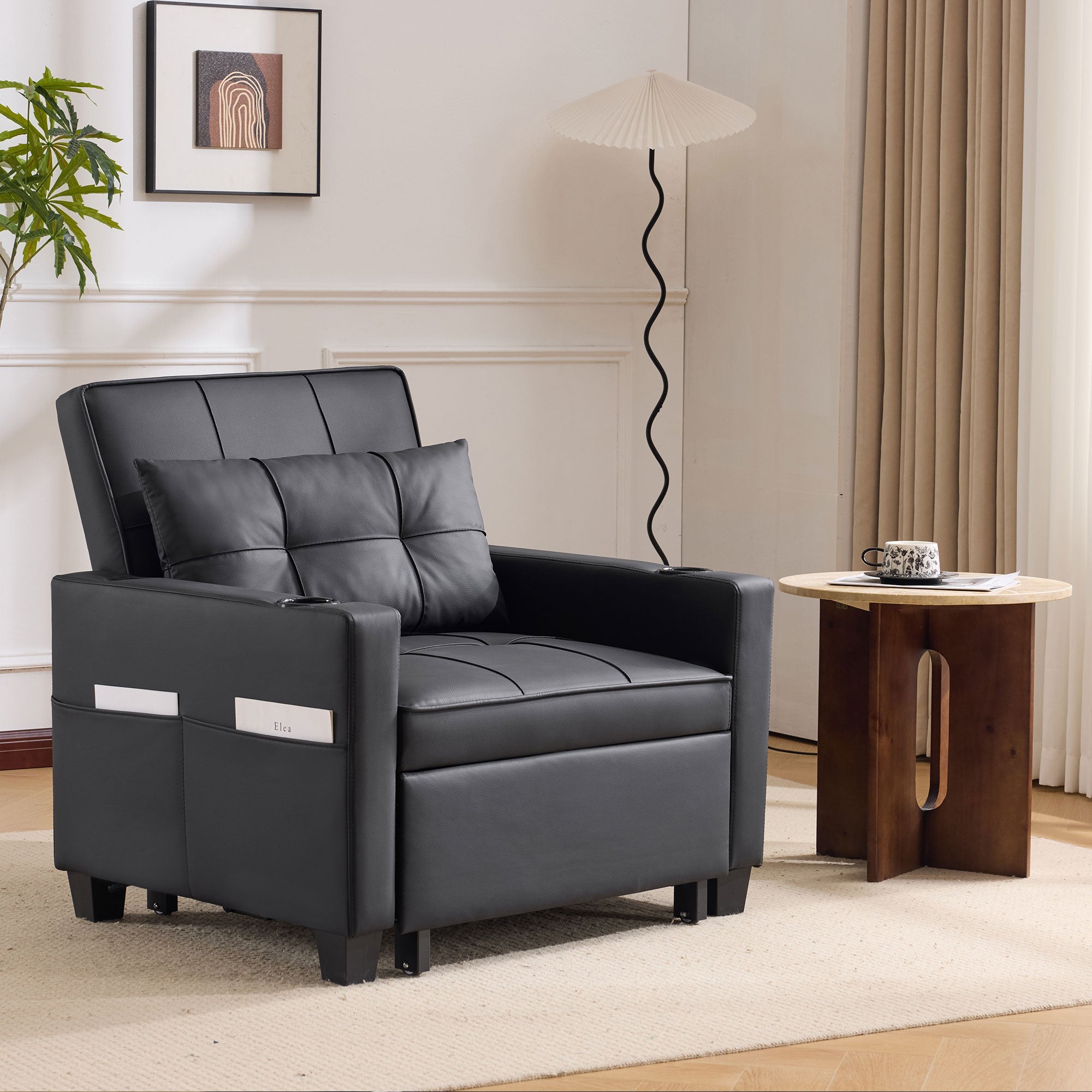 Logidon 3-in-1 uitschuifbare slaapbank, fauteuil, zwarte USB-bekerhouder