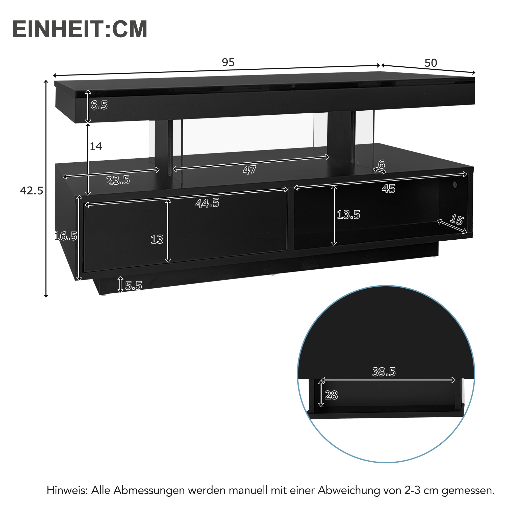 Logidon hoogglans salontafel zwart 95x50x42,5 cm glazen bladen