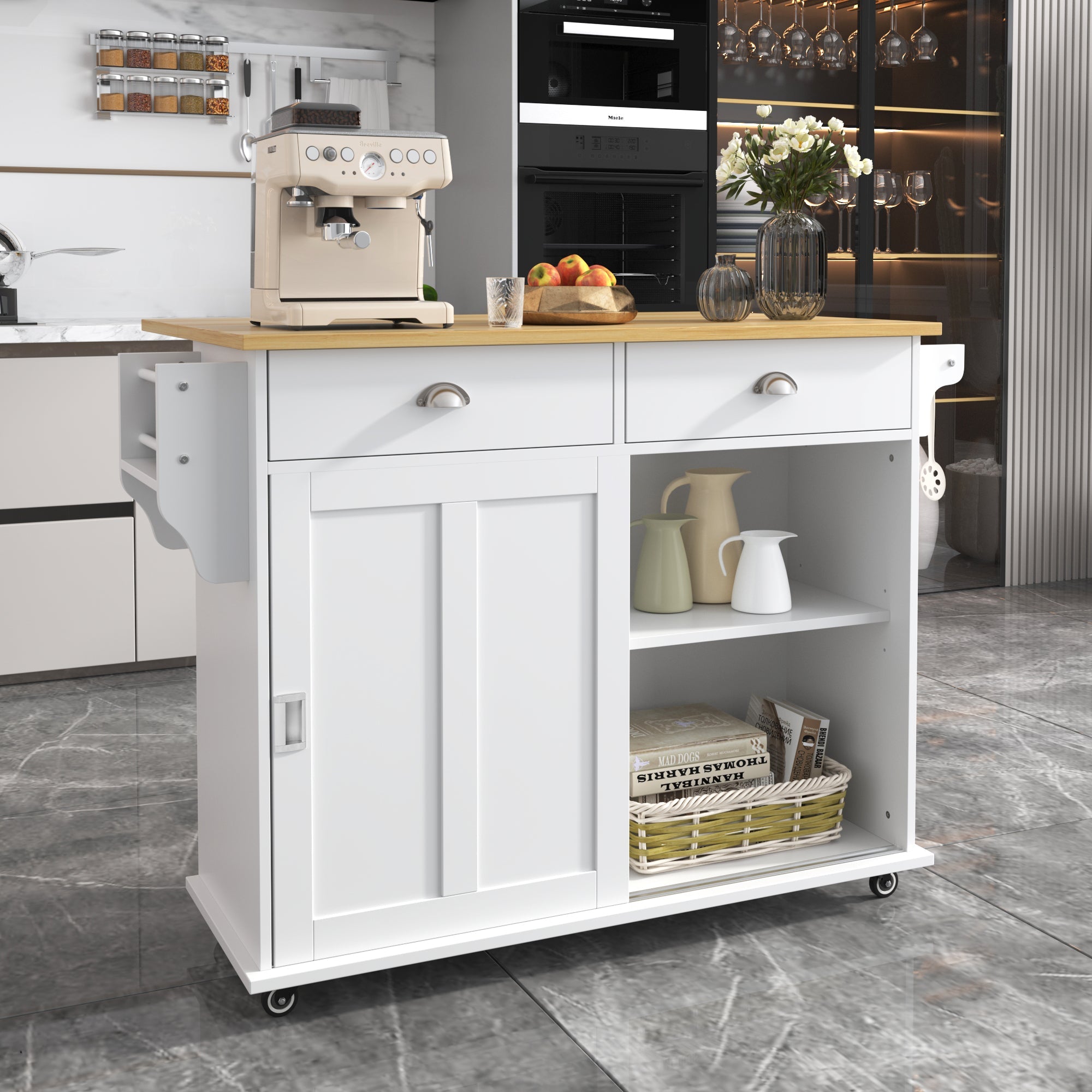Logidon Dining Room Trolley Sideboard with Folding Table White/Natural Wood
