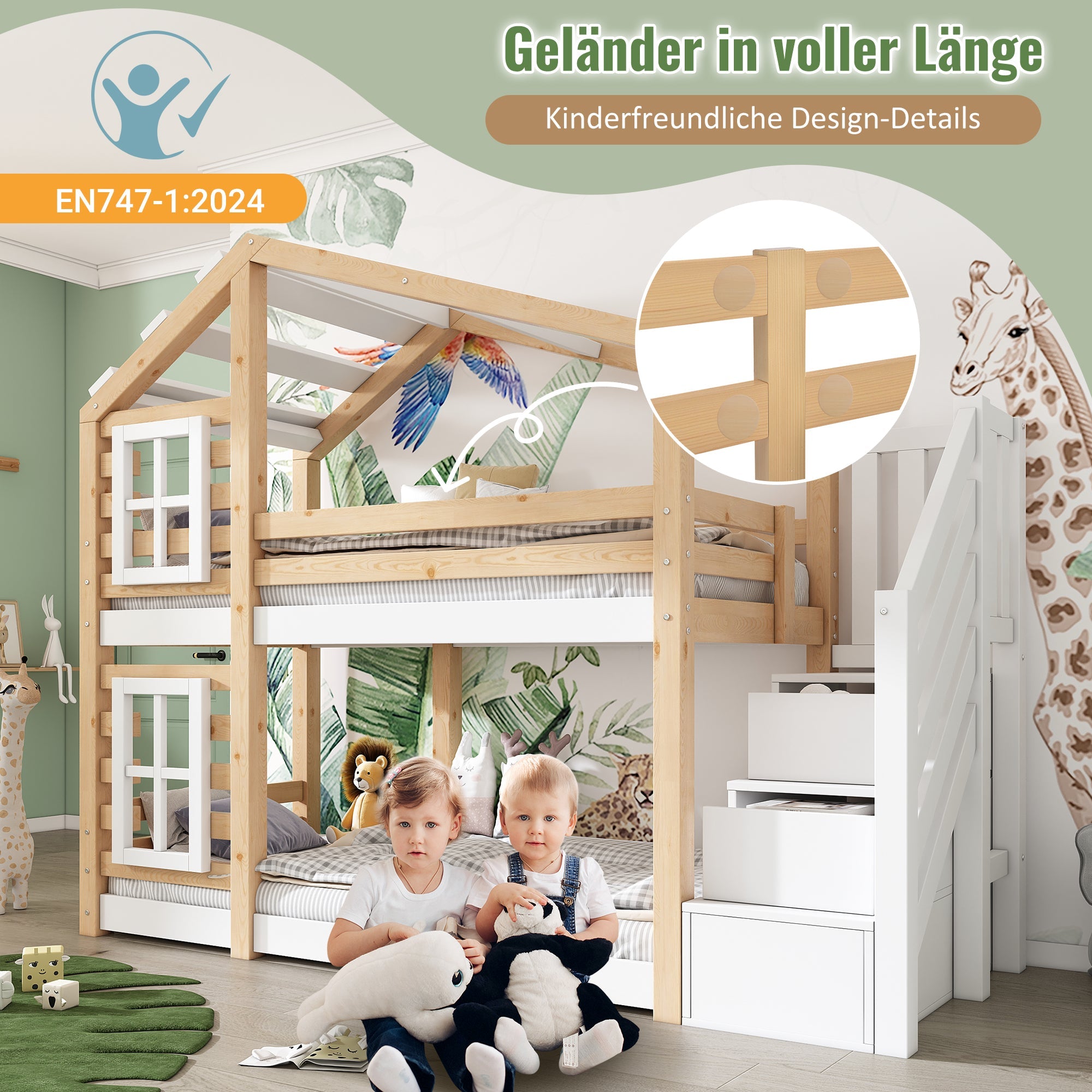 Logidon stapelbed boomhut 90x200 cm - naturel wit, 2 lattenbodems