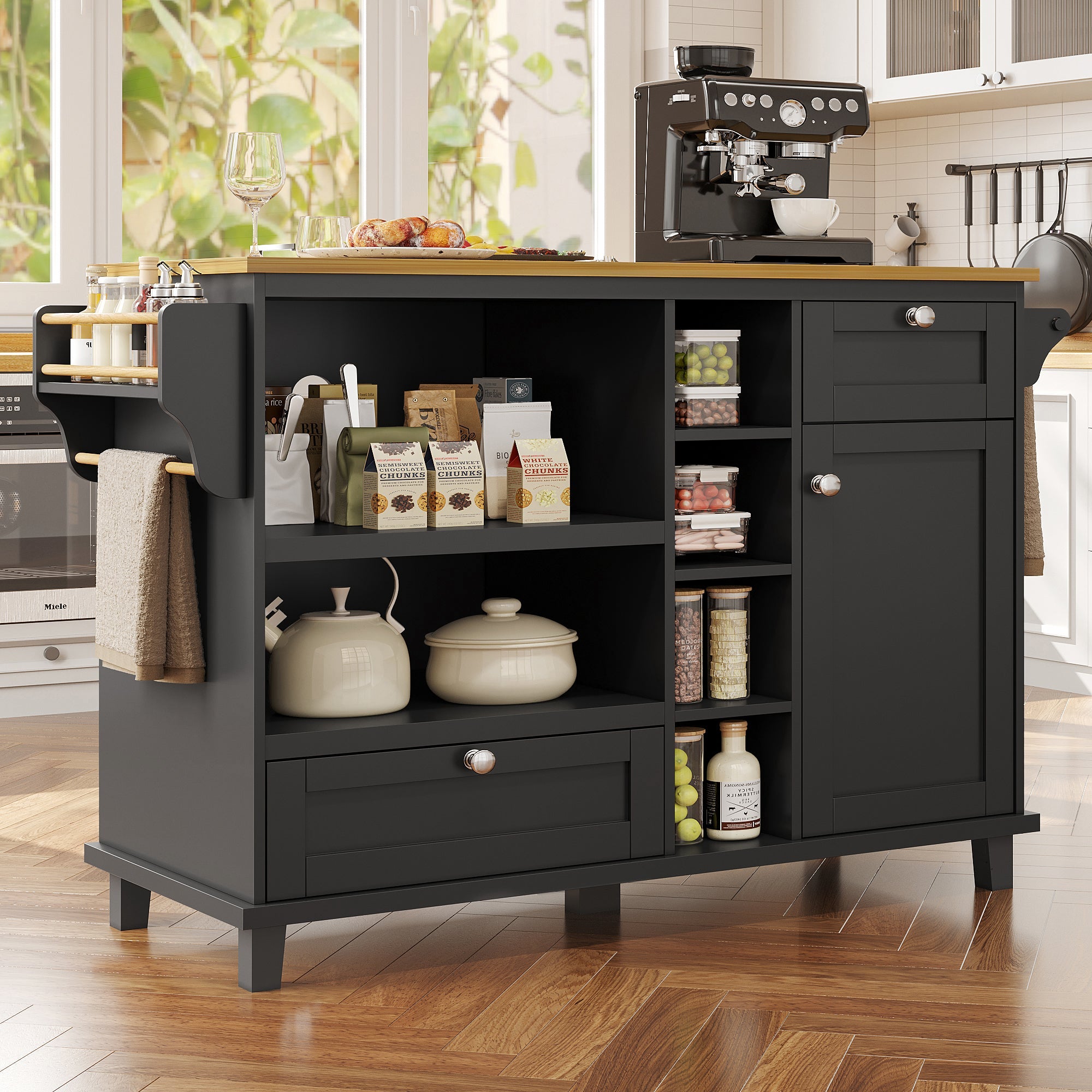 Logidon dining room trolley black with wooden top, drawers and cupboards