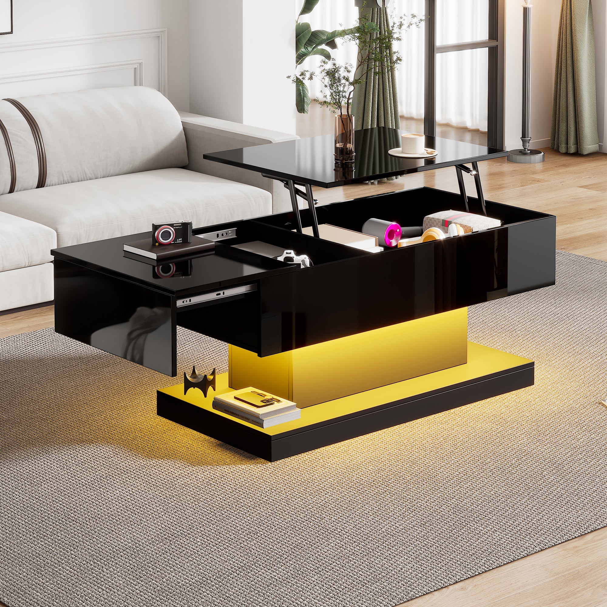 Logidon hoogglans liftsalontafel zwart 100x50x45 cm LED-verlichting