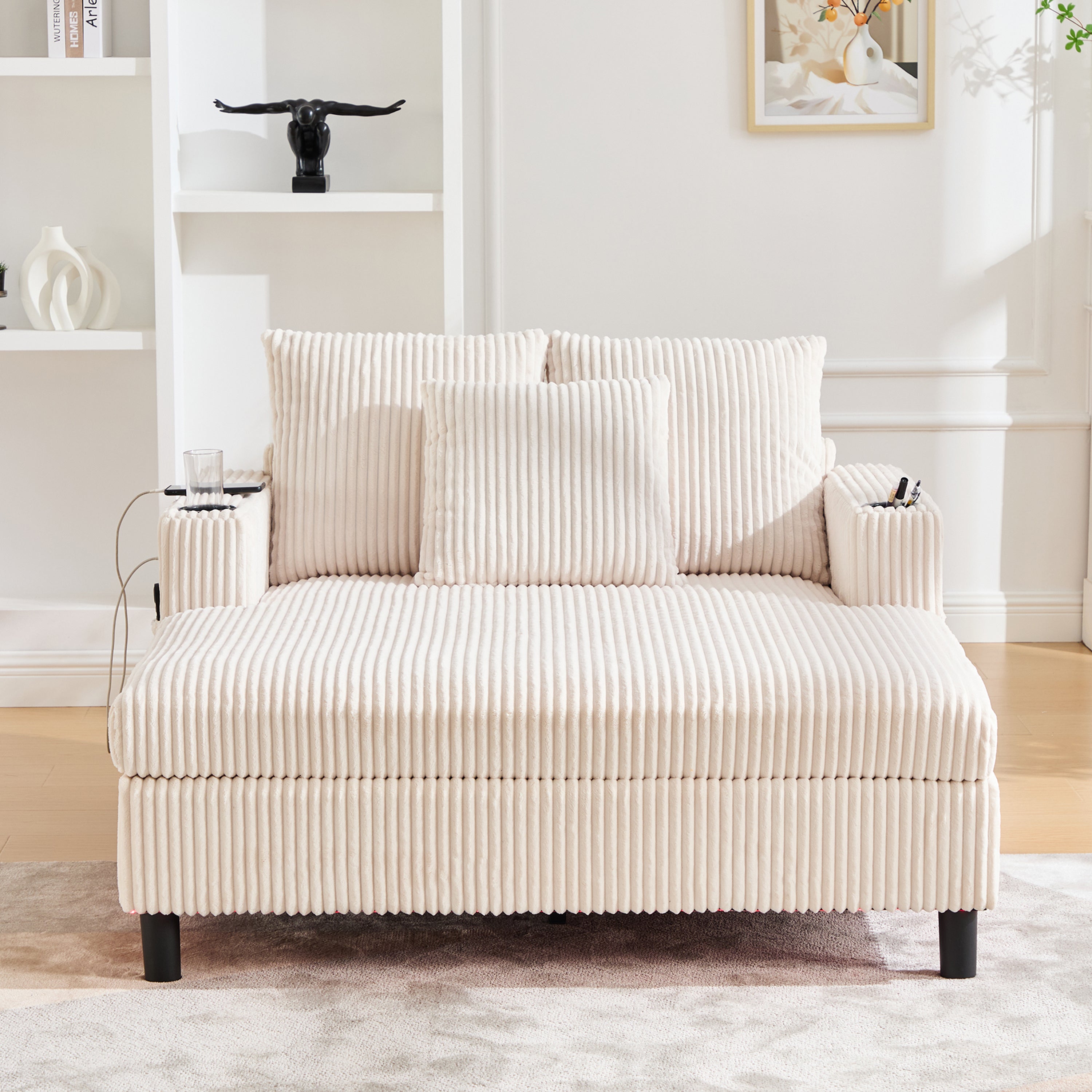 Logidon Chaise Longue Ligstoel Beige Fluweel Met USB LED-verlichting