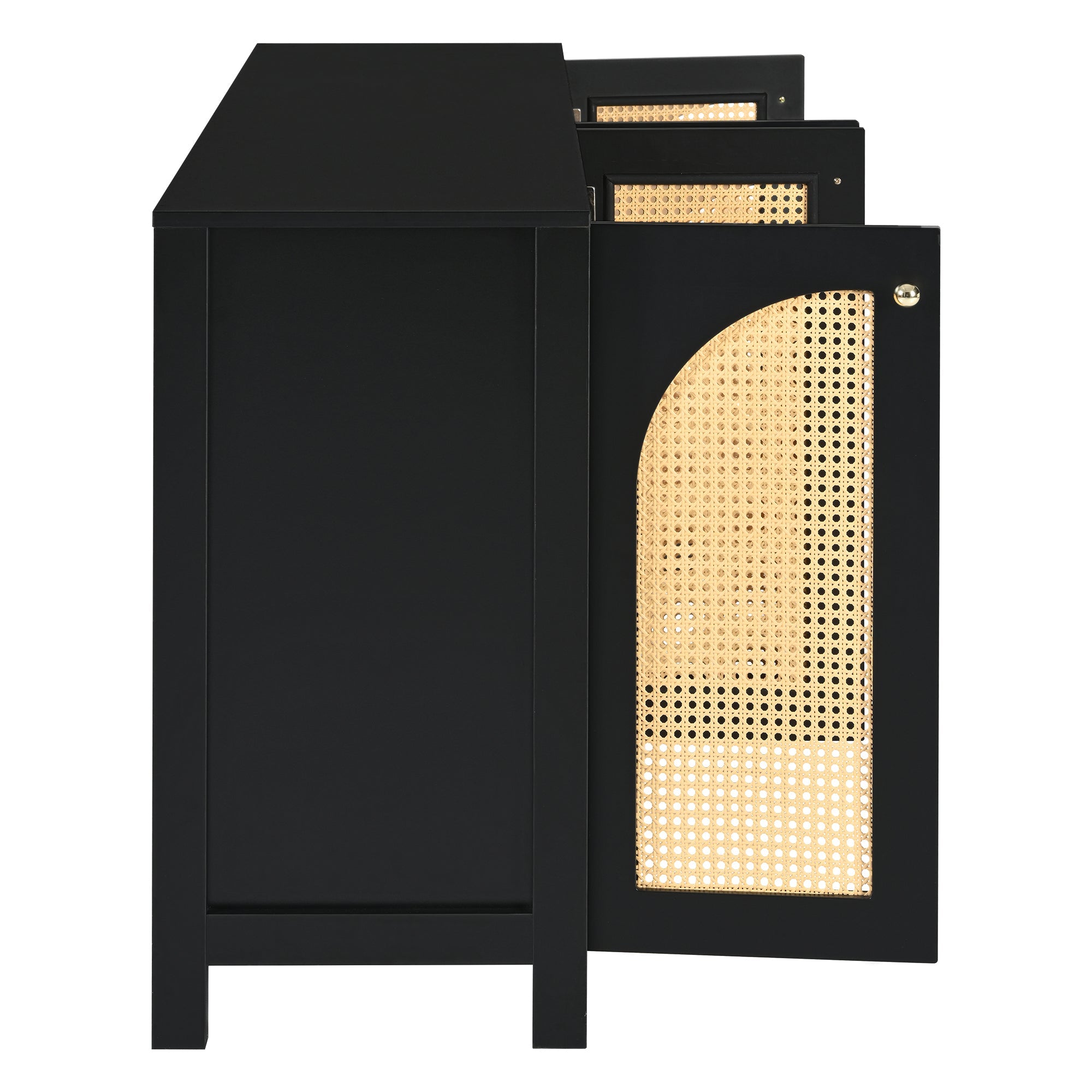 Logidon Dressoir Zwart Met Rotan Deuren Modern Buffet 145x40x80