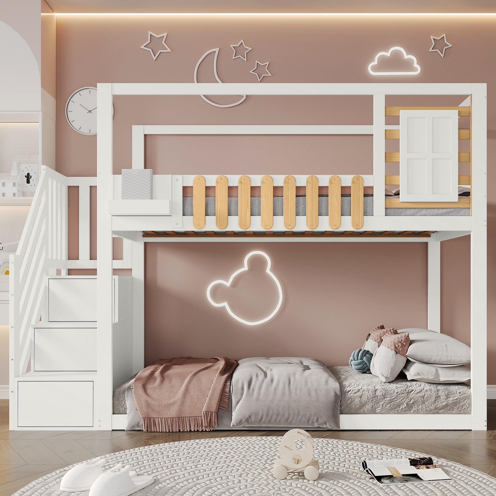 Logidon stapelbed 90x200 cm wit met trapraam en plankenkast
