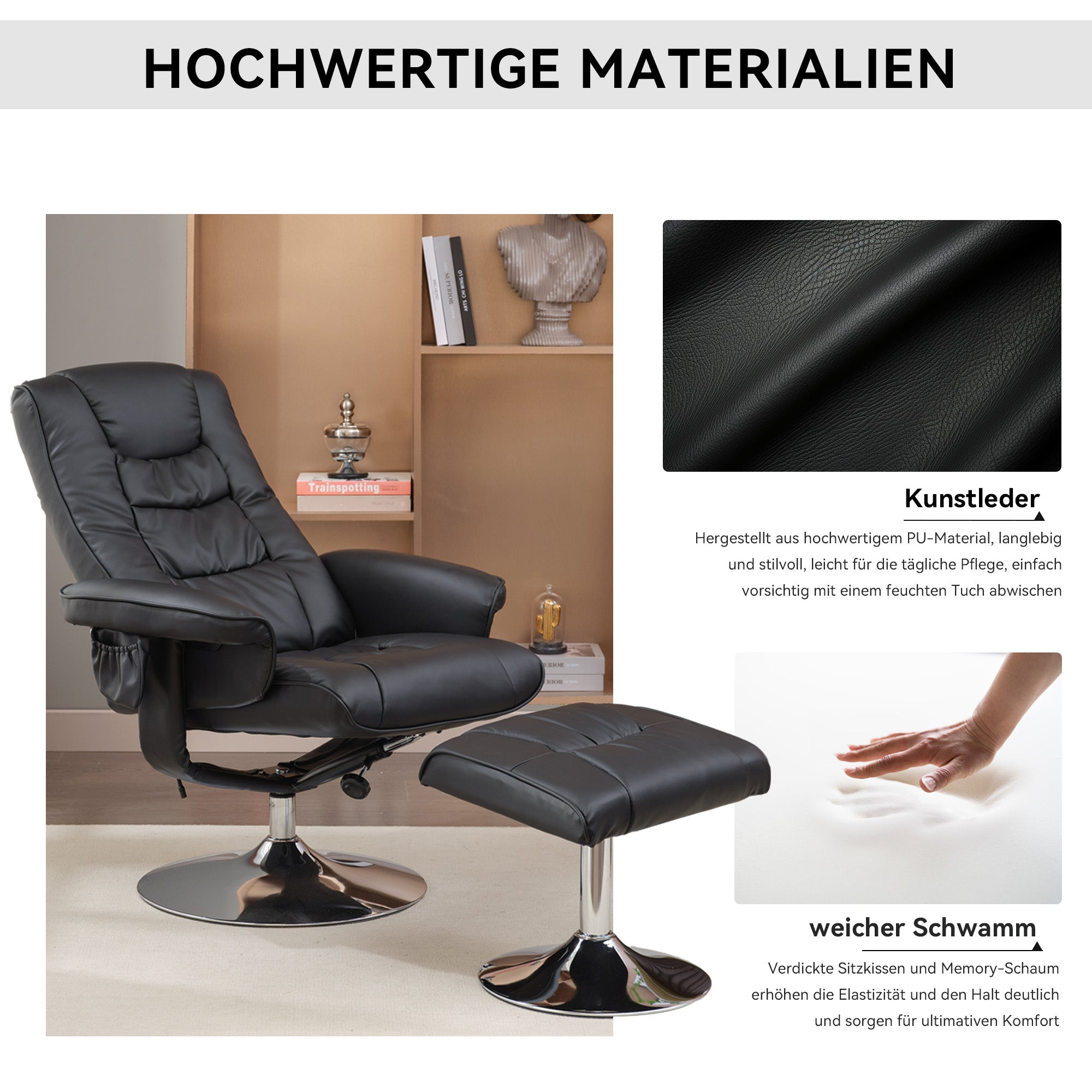 Logidon massagestoel zwart met PU vulling en poef
