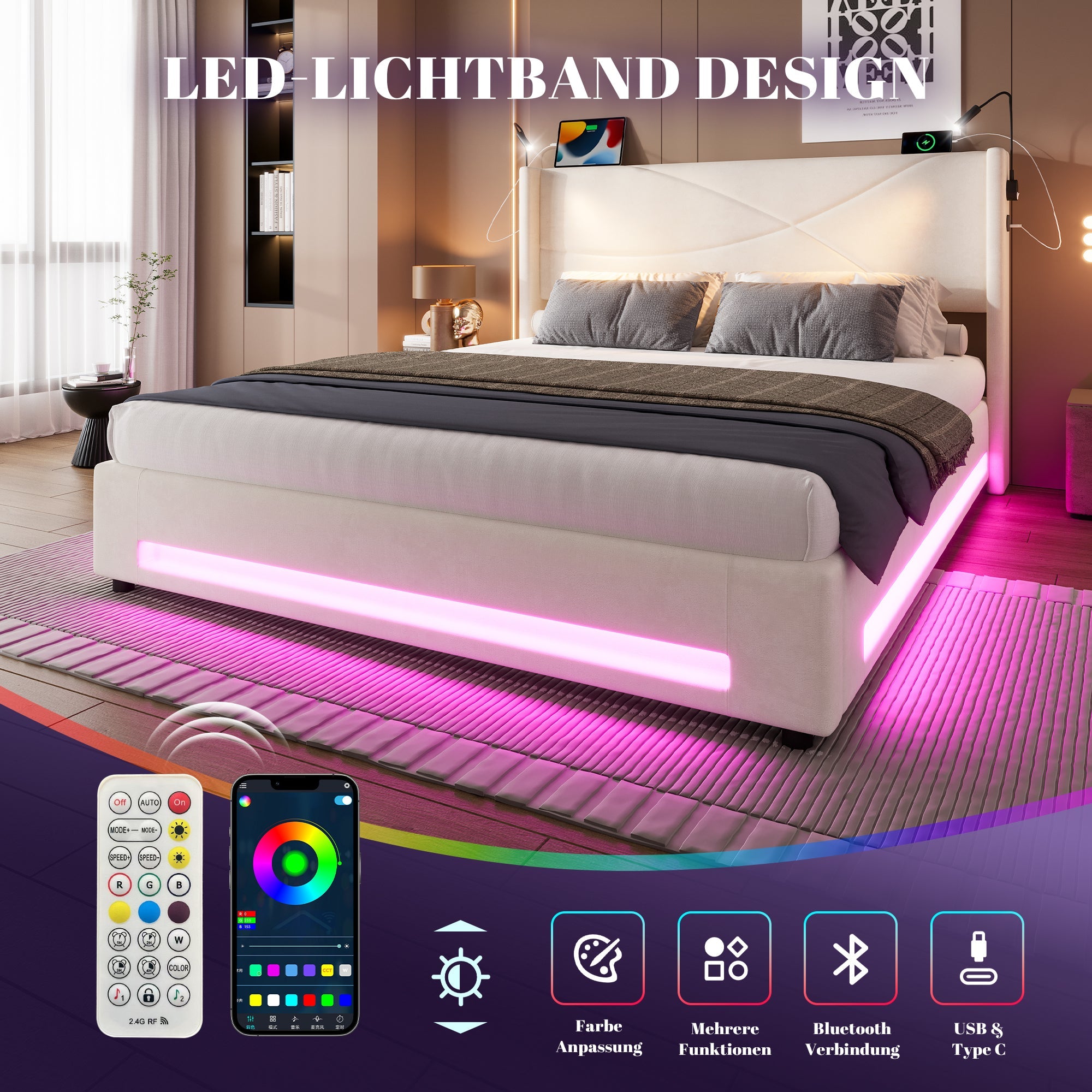 Logidon bedframe 160x200 cm beige fluweel met opbergruimte LED